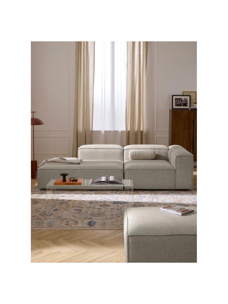 Chaise lounge componibile in misto lino Lennon, Rivestimento: 50% viscosa, 25% lino, 15, Struttura: legno di abete rosso, com, Misto lino grigio, Larg. 269 x Prof. 119 cm, bracciolo a destra