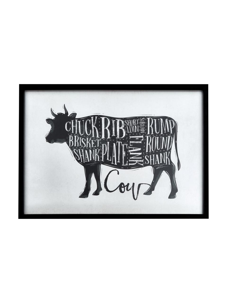 Gerahmter Kunstdruck Cow, Rahmen: Eukalyptusholz, Mitteldic, Schwarz, Weiss, 50 x 70 cm