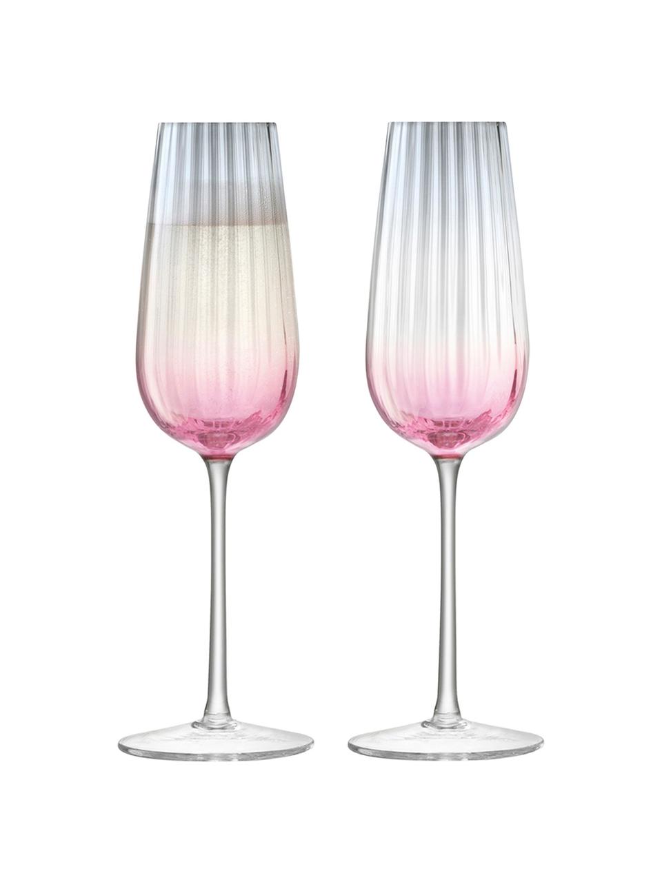 Ručne vyrobené poháre na šampanské s farebným gradientom Dusk, 2 ks, Sklo, Bledoružová, sivá, Ø 6 x V 23 cm, 250 ml