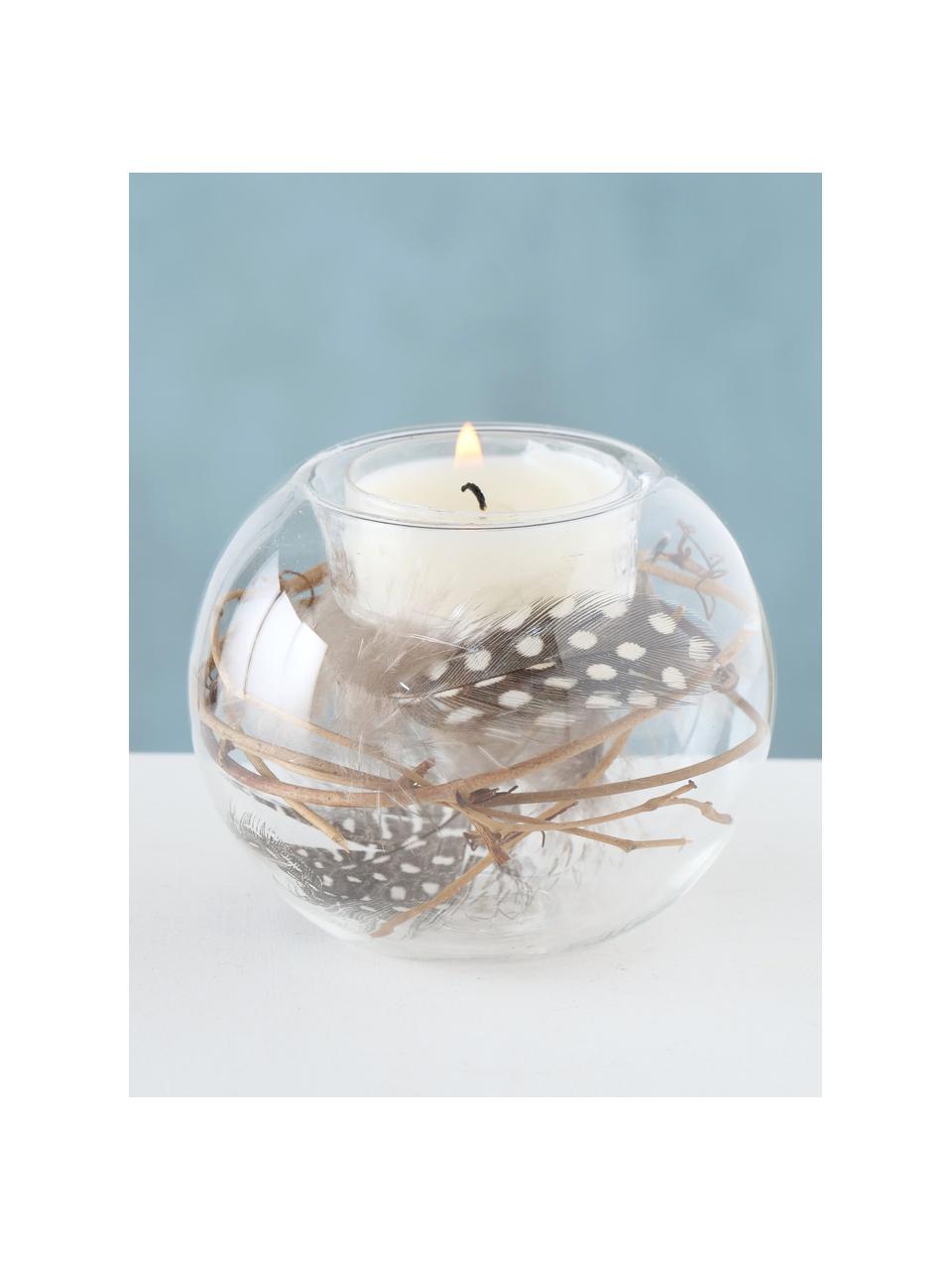 Skleněný svícen na čajovou svíčku s větvemi a peřím Fedora, Transparentní, odstíny hnědé, Ø 8 cm, V 7 cm