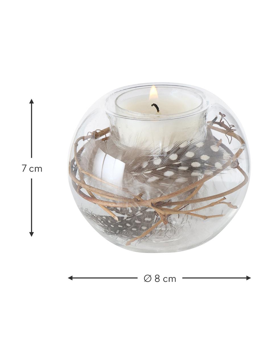 Glas-Teelichthalter Fedora mit Zweigen und Federn, Dekor: Echte Zweige und Hühnerfe, Transparent, Brauntöne, Ø 8 x H 7 cm