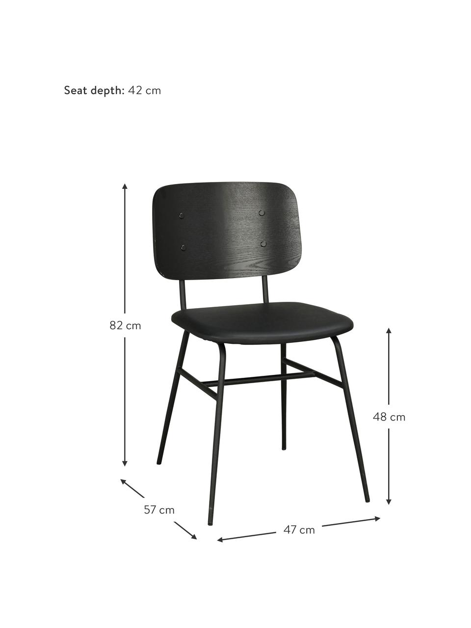 Holzstuhl Brent mit gepolsterter Sitzfläche, Rückenlehne: Eschenfurniersperrholz, l, Sitzfläche: Kunstleder (Polyurethan), Gestell: Metall, lackiert, Schwarz, matt, B 47 x T 57 cm