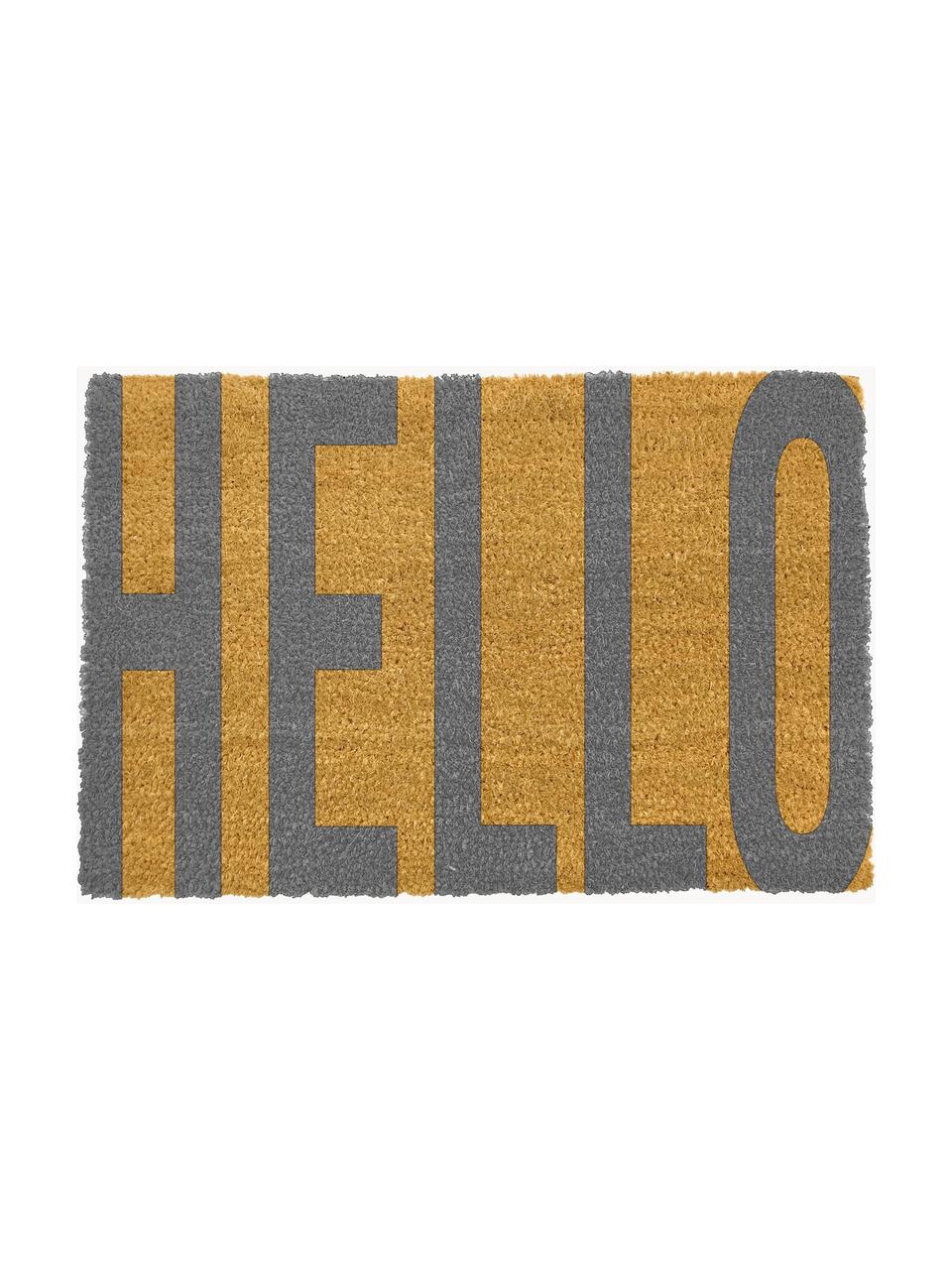 Felpudo Big Hello, Parte superior:  fibras de coco, Reverso: caucho natural, Beige, gris, An 40 x L 60 cm