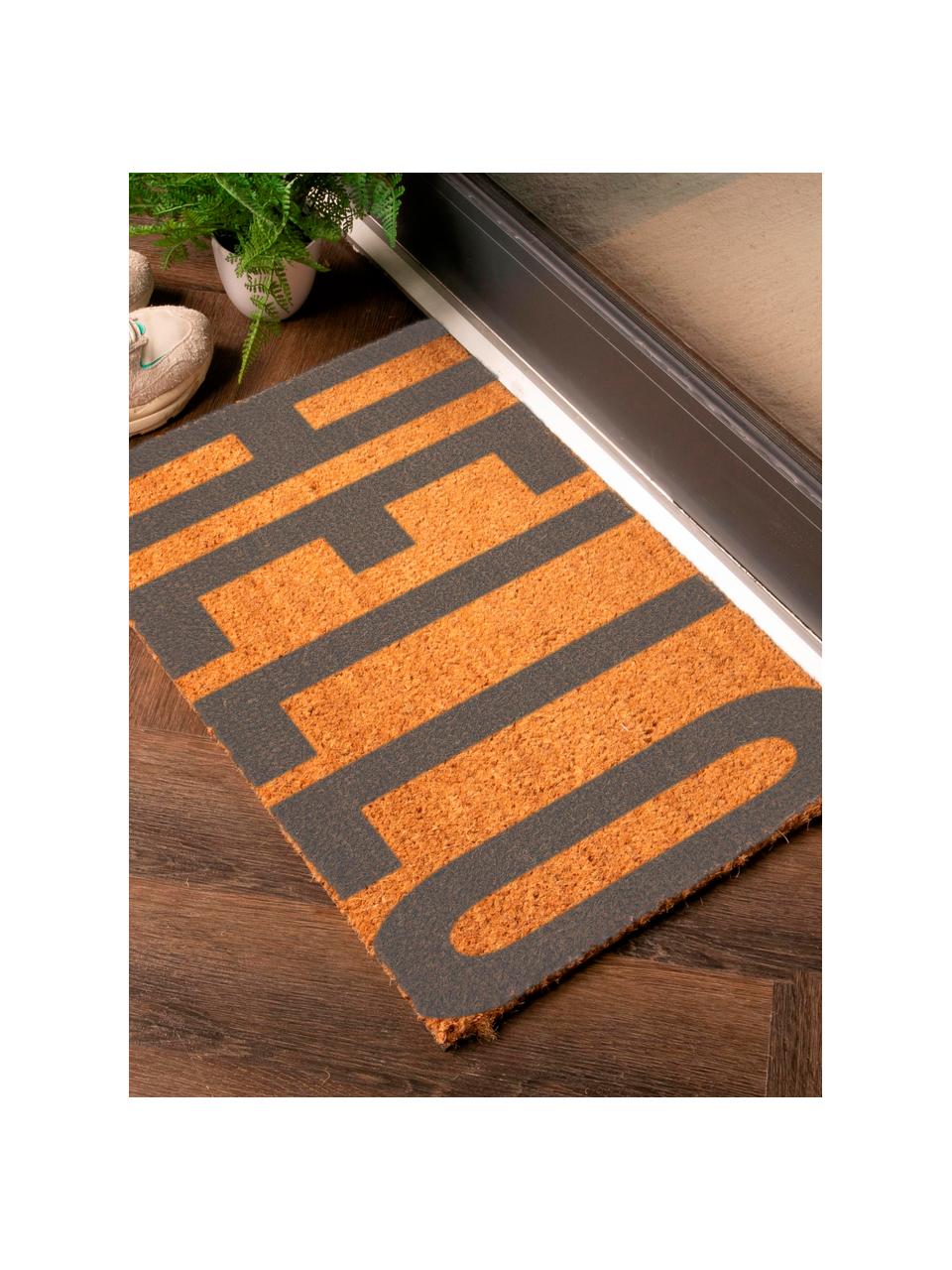 Felpudo Big Hello, Parte superior: 40% fibras de coco (Coir), Reverso: 60% PVC antideslizante, Beige, gris, An 40 x L 60 cm