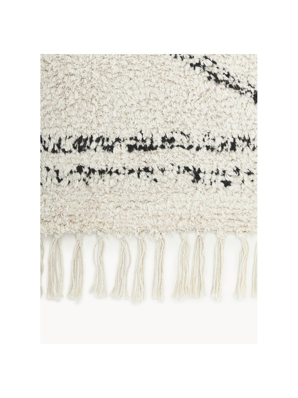 Handgetufteter Baumwollteppich Asisa mit Zickzack-Muster und Fransen, 100% Baumwolle, Hellbeige, Schwarz, B 200 x L 300 cm (Größe L)