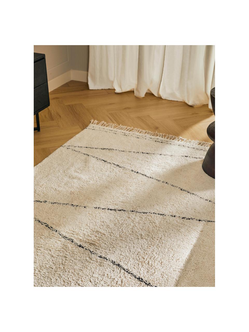 Alfombra artesanal de algodón con flecos Asisa, 100% algodón, Beige claro, negro, An 200 x L 300 cm (Tamaño L)