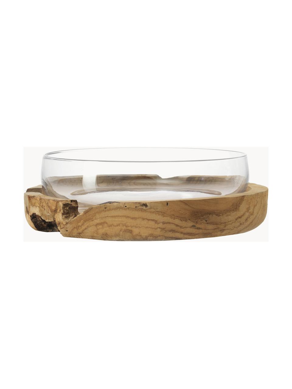 Velká ručně vyrobená dekorativní miska s teakovou podstavou Terra, Teakové dřevo, transparentní, Ø 28 cm, V 11 cm