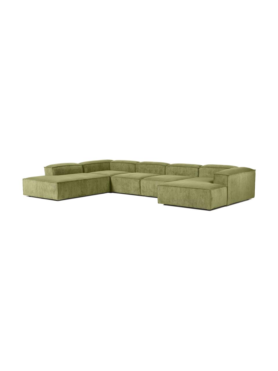 Sofá rinconera modular de pana Lennon, Tapizado: pana (92% poliéster, 8% p, Estructura: madera de pino maciza, ma, Patas: plástico, Pana verde, An 418 x Al 68 cm, chaise longue izquierda