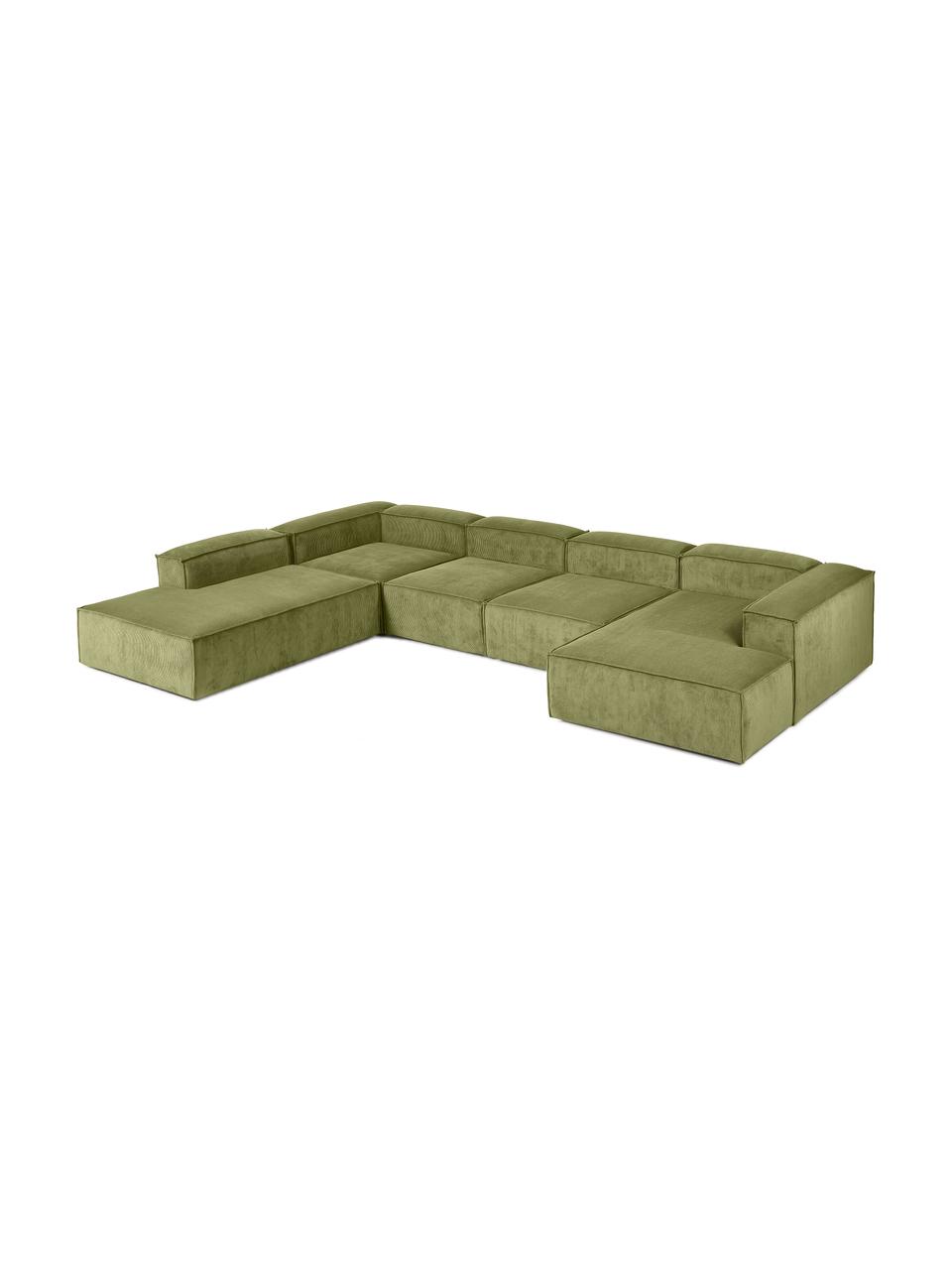 Sofá rinconera modular de pana Lennon, Tapizado: pana (92% poliéster, 8% p, Estructura: madera maciza, madera con, Patas: plástico, Pana verde, An 418 x Al 68 cm, chaise longue izquierda