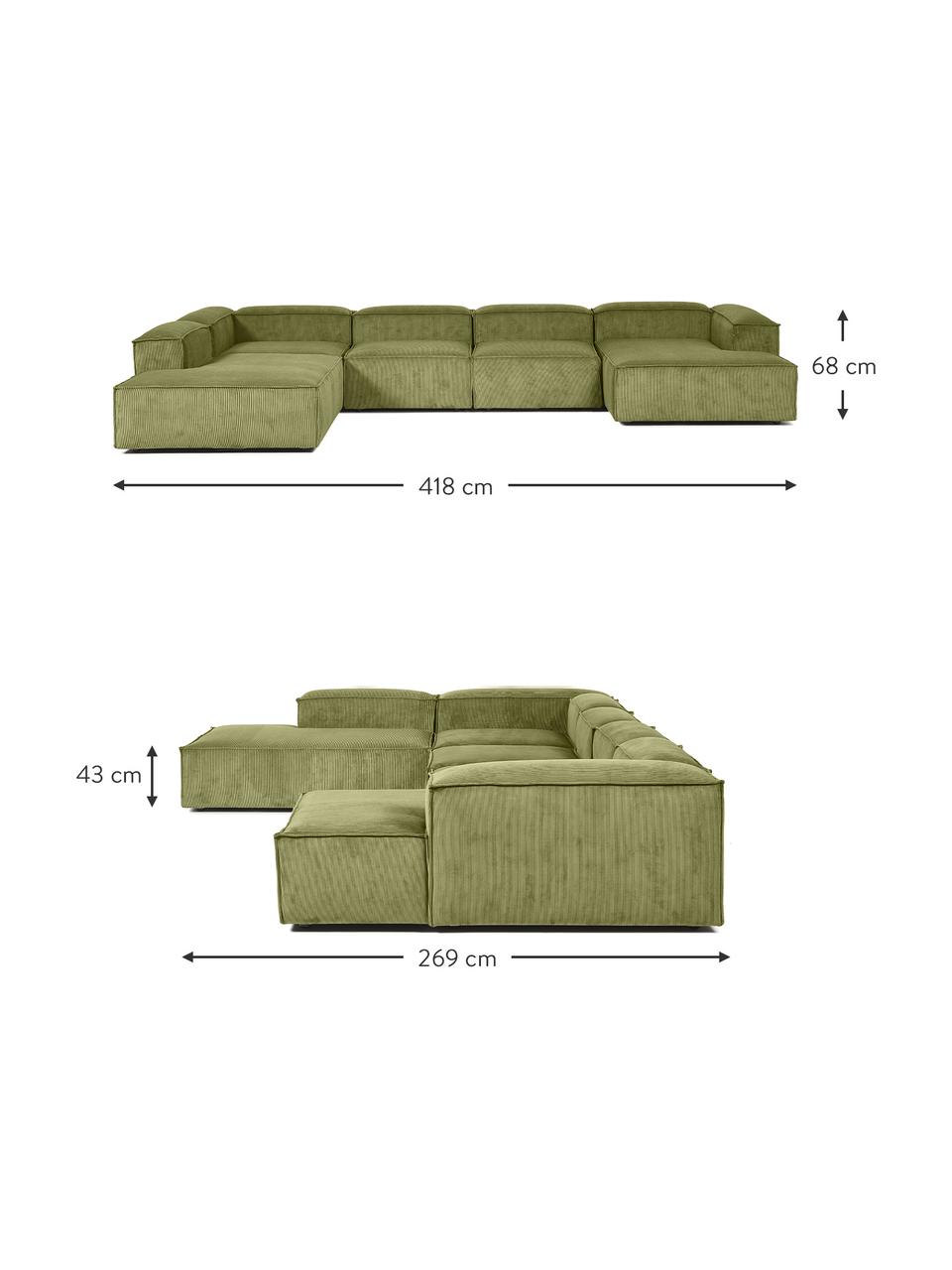 Canapé lounge modulable velours côtelé vert Lennon, Velours côtelé vert, larg. 418 x prof. 68 cm, méridienne à gauche