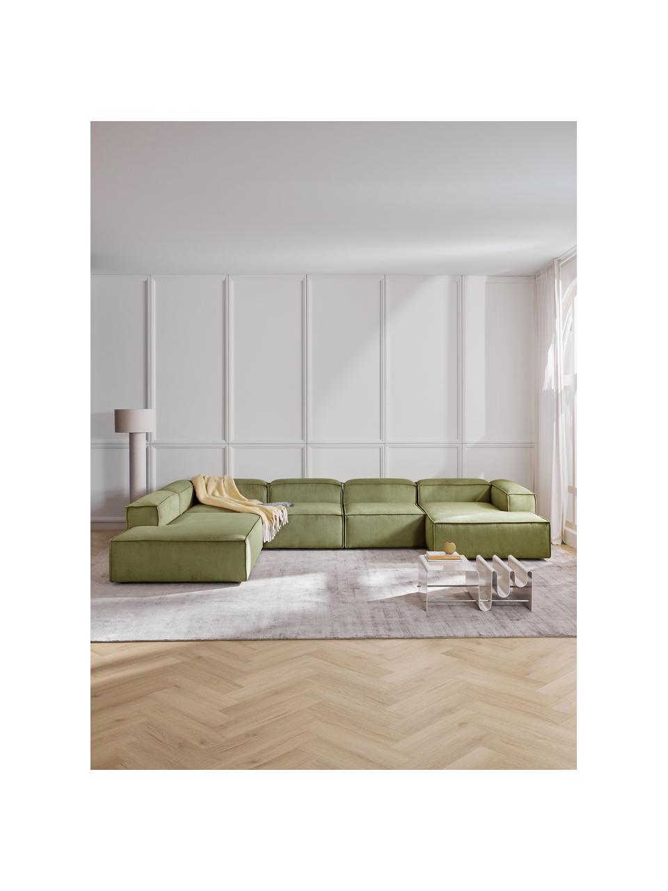 Sofa modułowa ze sztruksu Lennon, Tapicerka: sztruks (92% poliester, 8, Stelaż: lite drewno, sklejka, Nogi: tworzywo sztuczne, Zielony sztruks, S 418 x W 68 cm, lewostronna