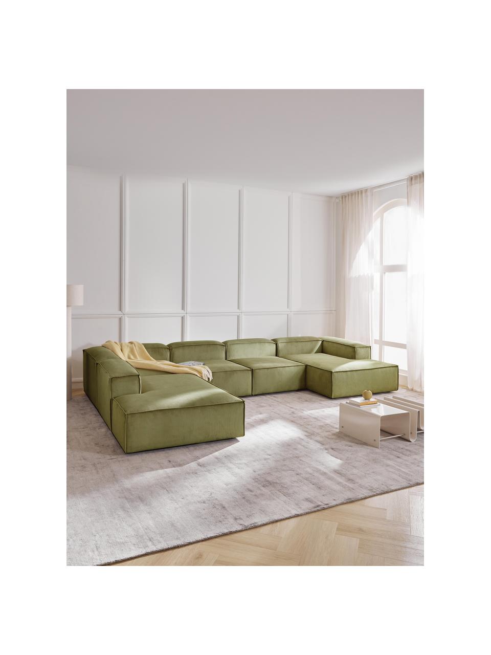 Modulaire woonlandschap Lennon van corduroy, Bekleding: corduroy (92% polyester, , Frame: massief grenenhout, multi, Poten: kunststof Dit product is , Corduroy donkergroen, B 418 x D 269 cm, hoekdeel links