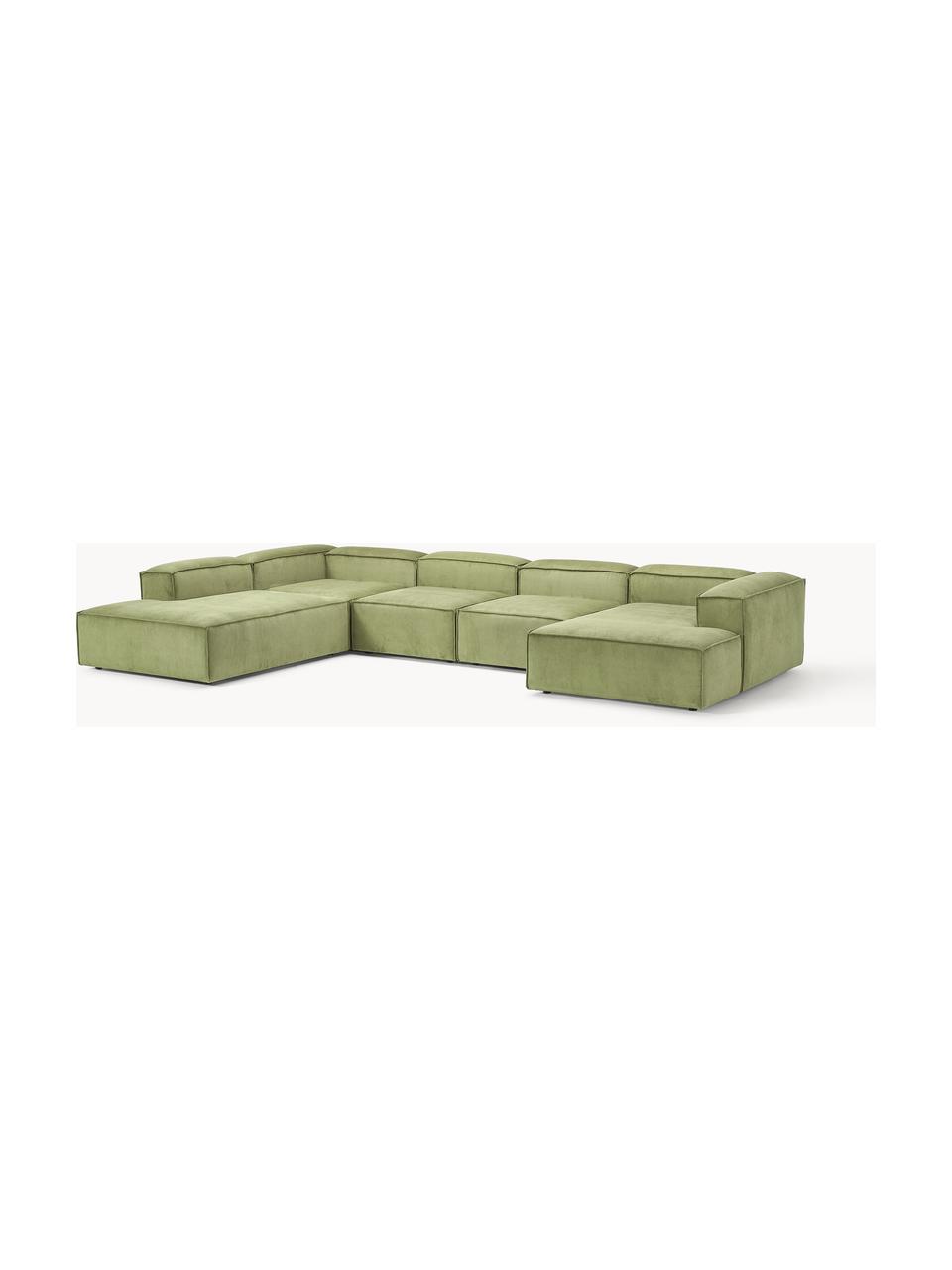 Sofá rinconera modular de pana Lennon, Tapizado: pana (92% poliéster, 8% p, Estructura: madera de pino maciza, ma, Patas: plástico Este producto es, Pana verde oscuro, An 418 x F 269 cm, chaise longue izquierda