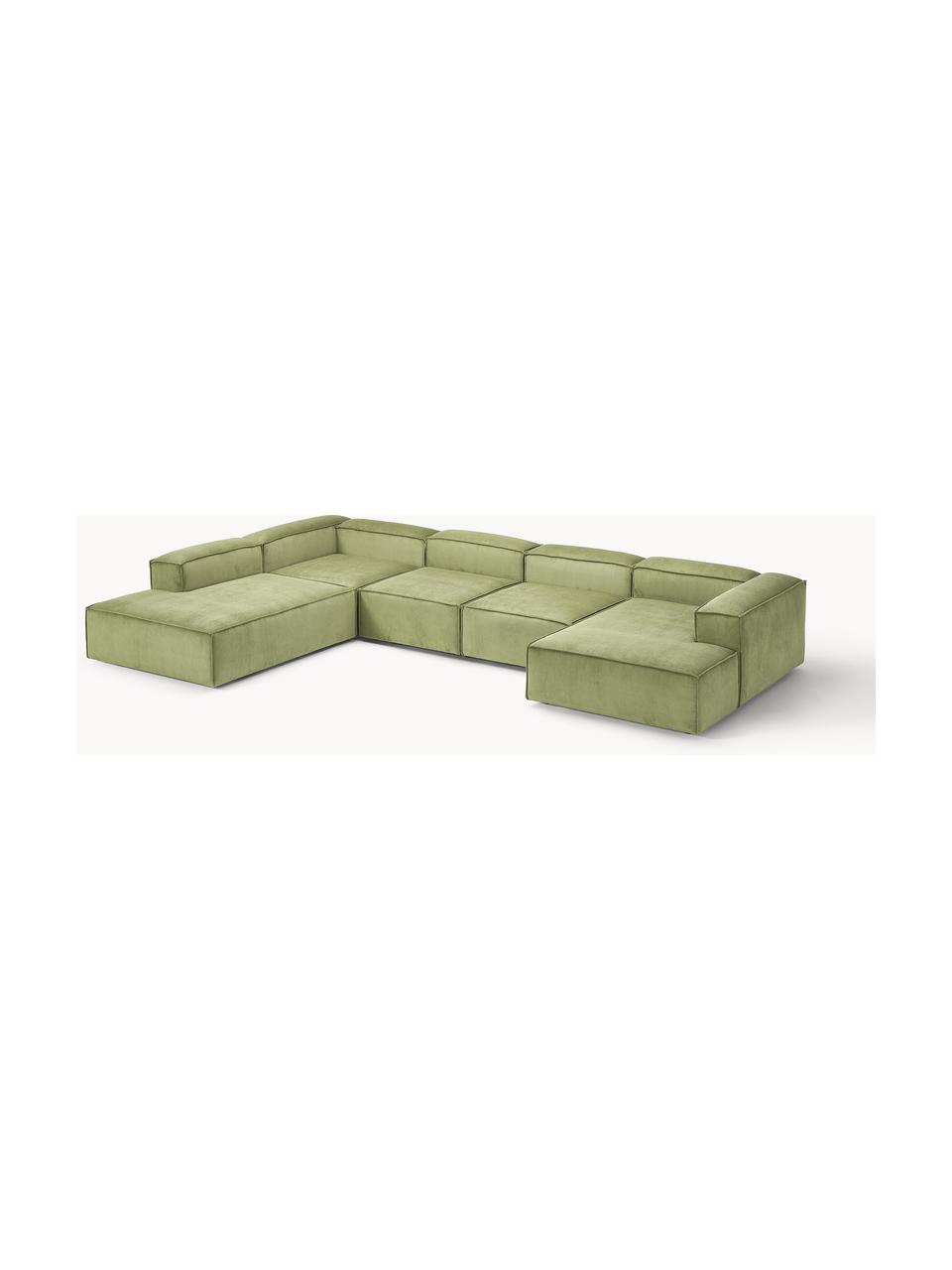 Sofá rinconera modular de pana Lennon, Tapizado: pana (92% poliéster, 8% p, Estructura: madera de pino maciza, ma, Patas: plástico Este producto es, Pana verde oscuro, An 418 x F 269 cm, chaise longue izquierda