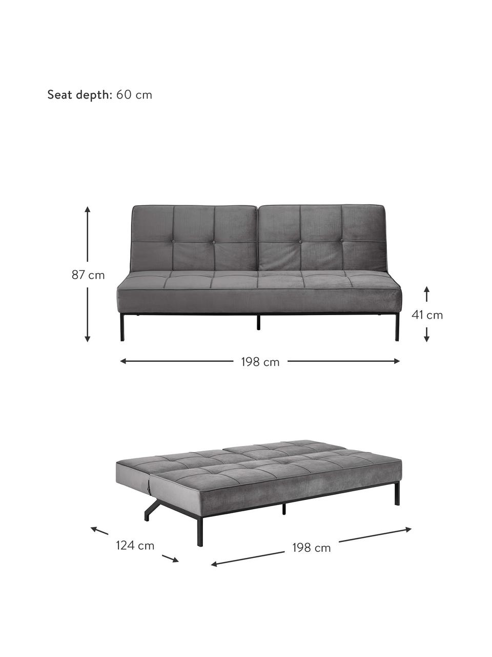 Sofá cama de terciopelo Perugia, Tapizado: poliéster Alta resistenci, Patas: metal pintado, Terciopelo gris oscuro, An 198 x F 95 cm