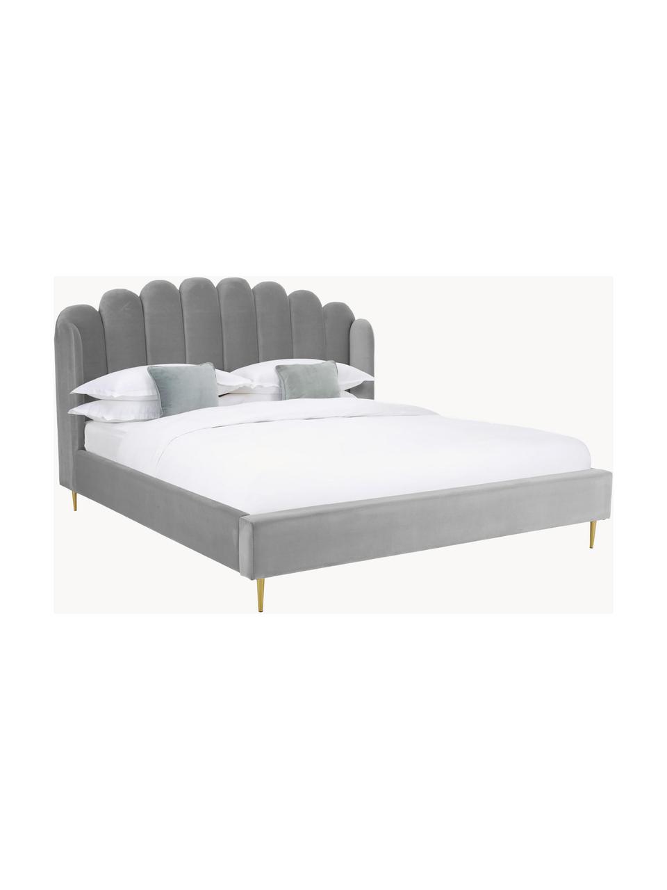 Gestoffeerd fluwelen bed Glamour, Frame: massief grenenhout, Poten: vermessingd metaal, Bekleding: fluweel (polyester), Fluweel grijs, 160 x 200 cm