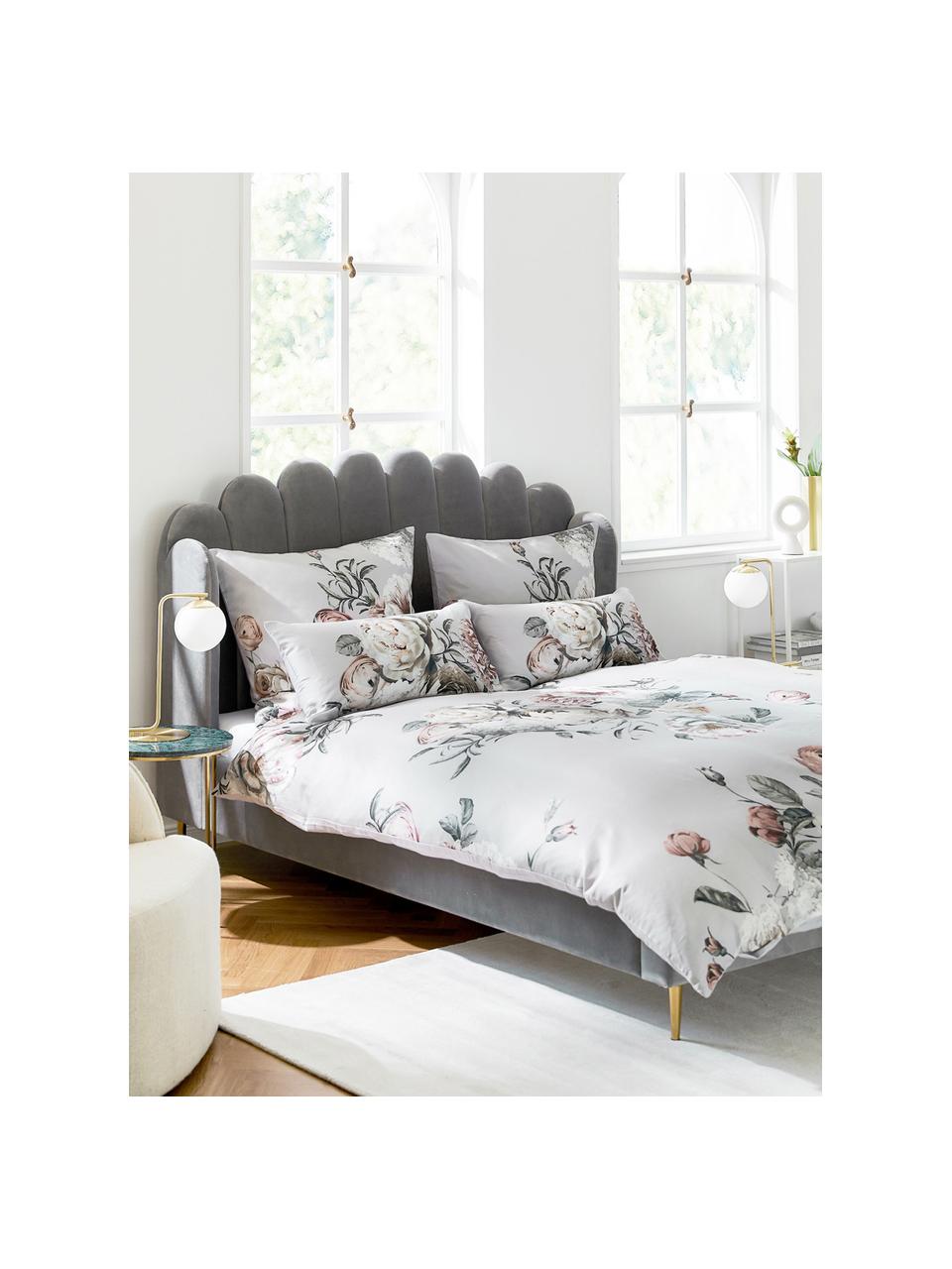 Gestoffeerd fluwelen bed Glamour, Frame: massief grenenhout, Poten: vermessingd metaal, Bekleding: fluweel (polyester), Fluweel grijs, 160 x 200 cm