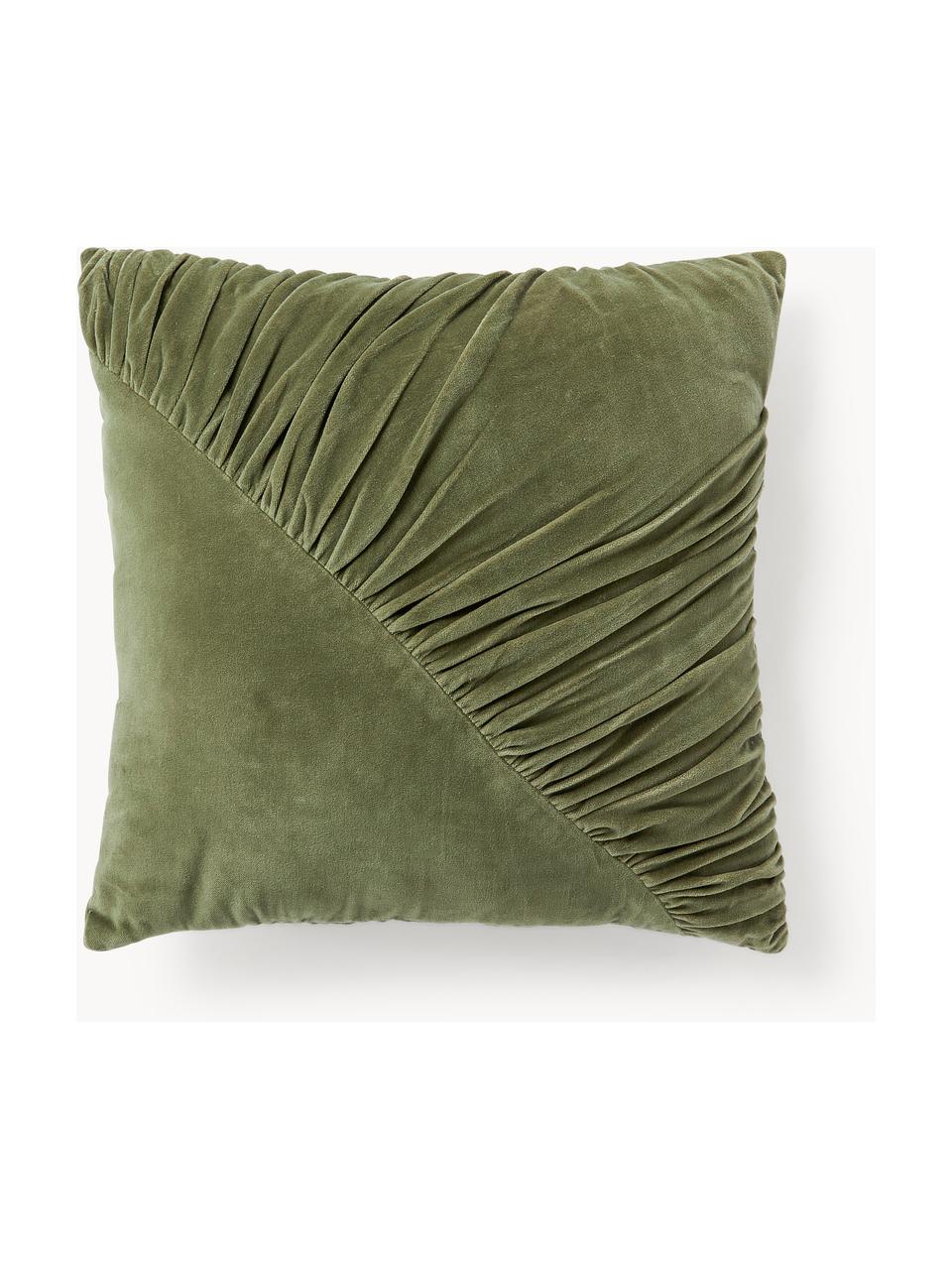 Cojín de terciopelo con volantes Vada, con relleno, Funda: 100% terciopelo de algodó, Verde oliva, An 50 x L 50 cm