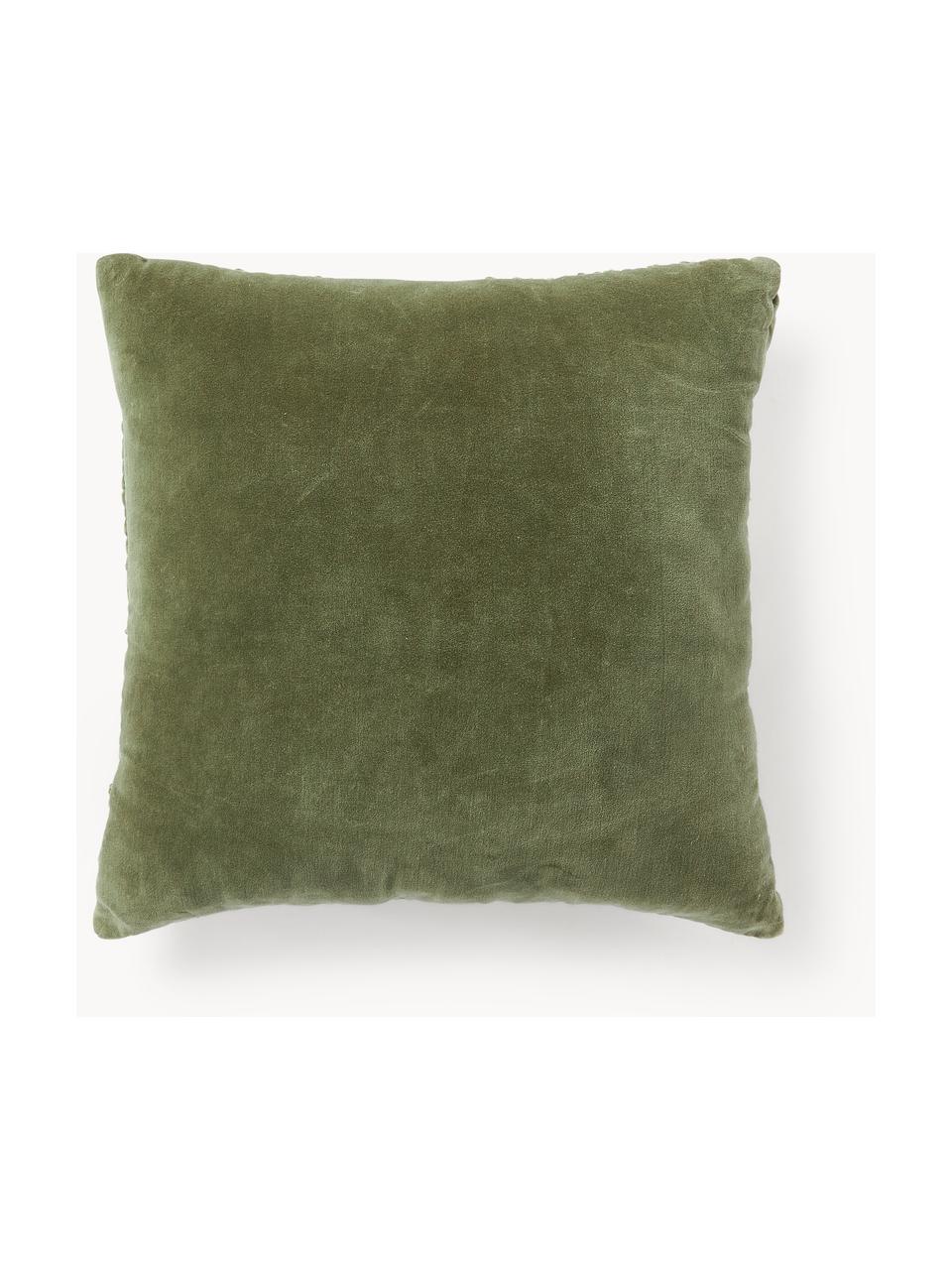 Cojín de terciopelo con volantes Vada, con relleno, Funda: 100% terciopelo de algodó, Verde oliva, An 50 x L 50 cm