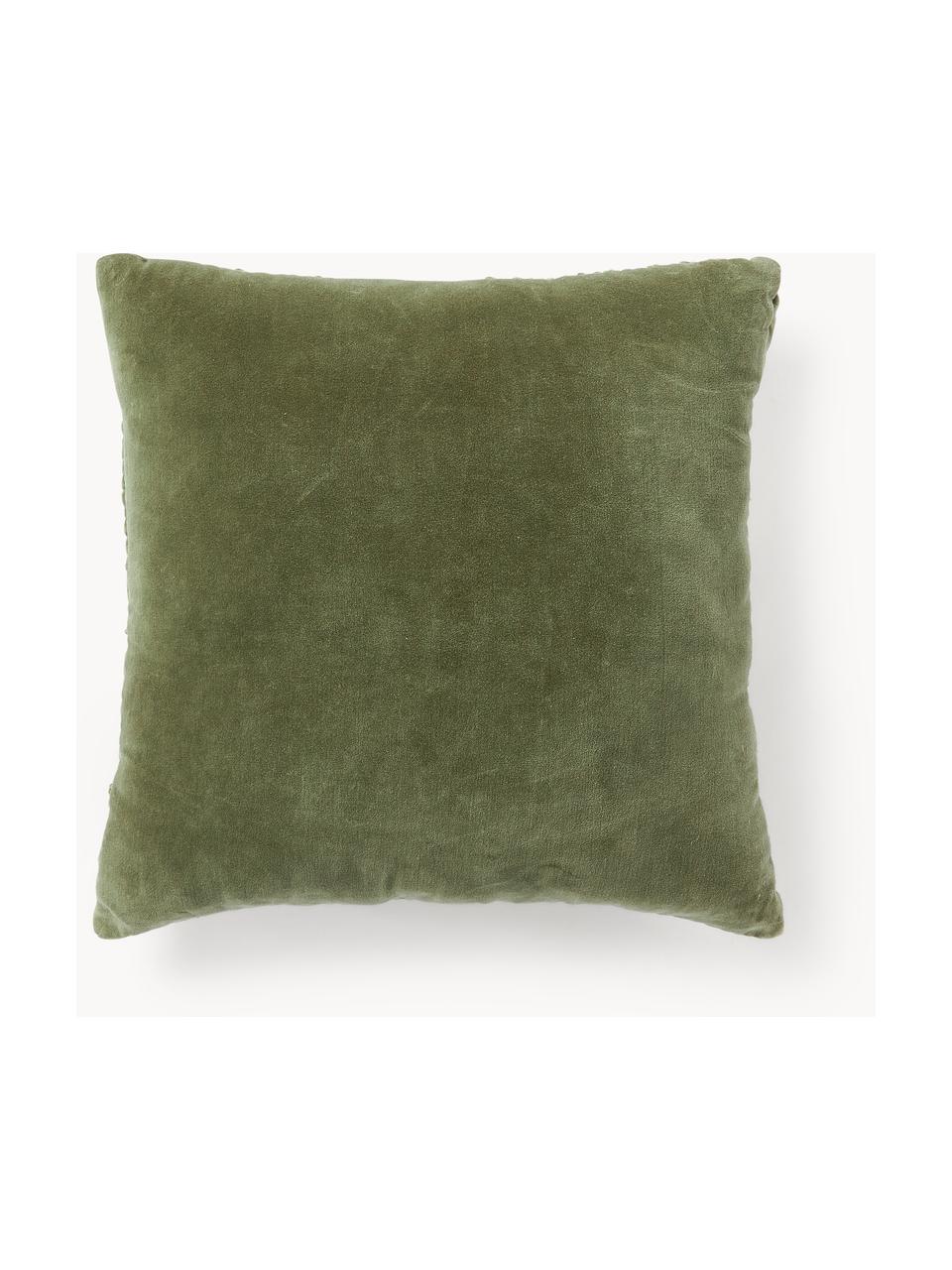 Gerafftes Samt-Kissen Vada, Hülle: 100 % Baumwollsamt, Olivgrün, B 50 x L 50 cm
