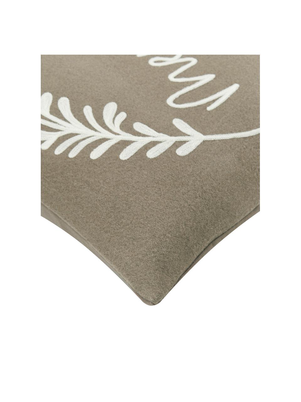 Copricuscino ricamata Merry and Bright, Retro: 100% cotone, Greige, bianco crema, Larg. 45 x Lung. 45 cm