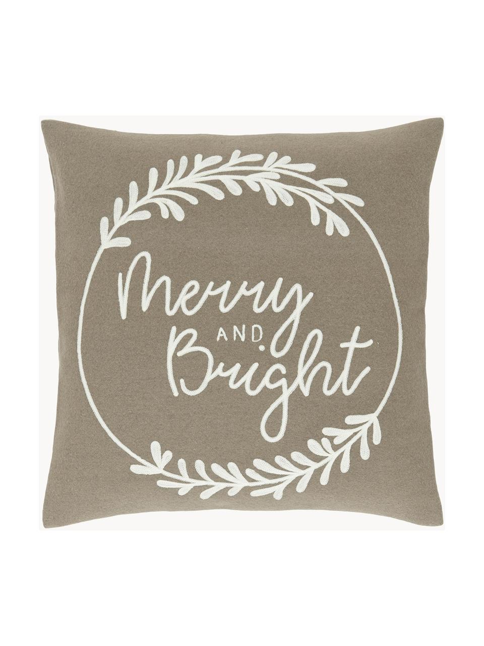 Housse de coussin 45x45 brodée Merry and Bright, Grège, blanc crème, larg. 45 x long. 45 cm