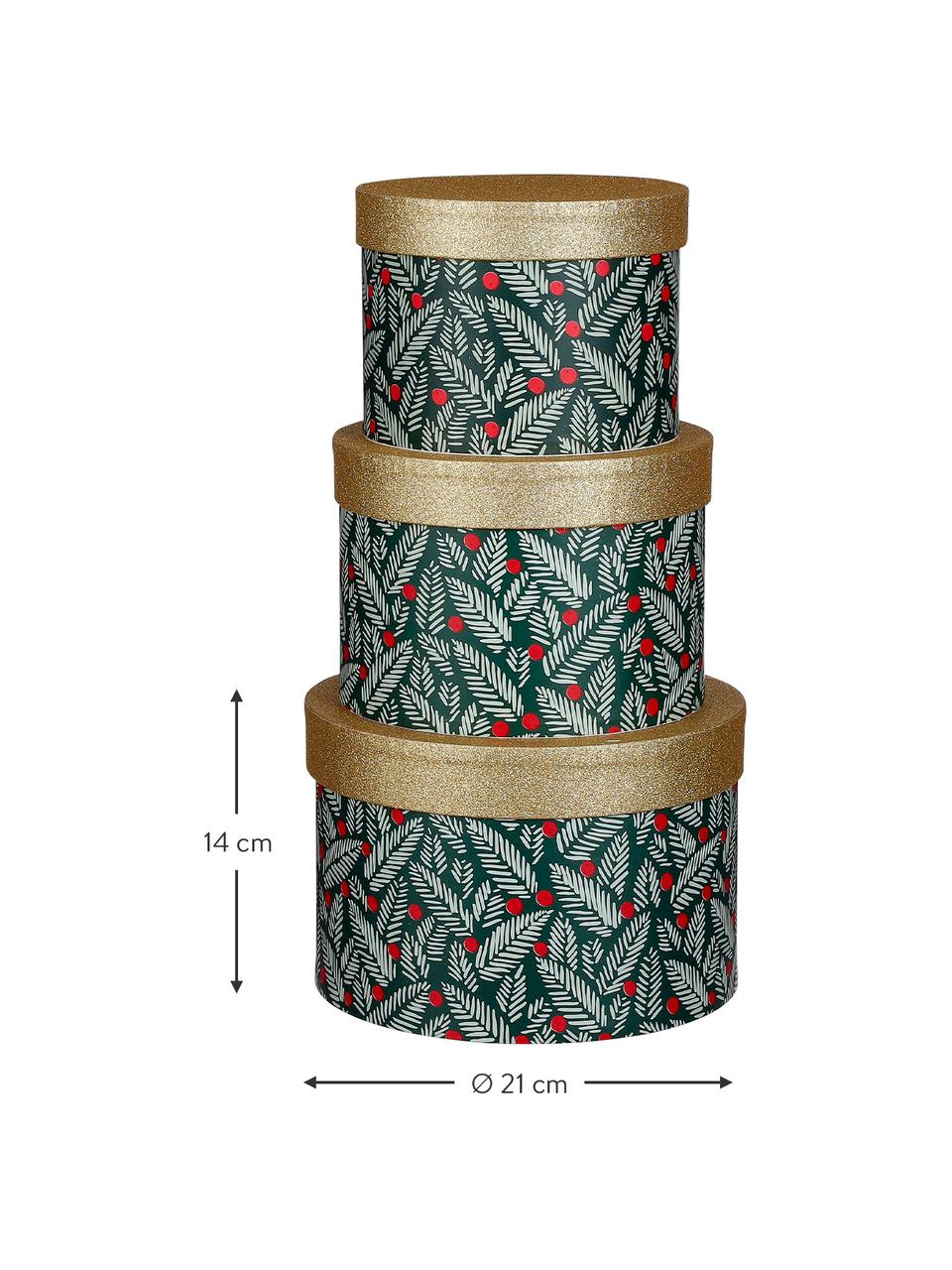 Geschenkboxen-Set Carmen, 3er-Set, Papier, Dunkelgrün, Rot, Goldfarben, Set mit verschiedenen Größen