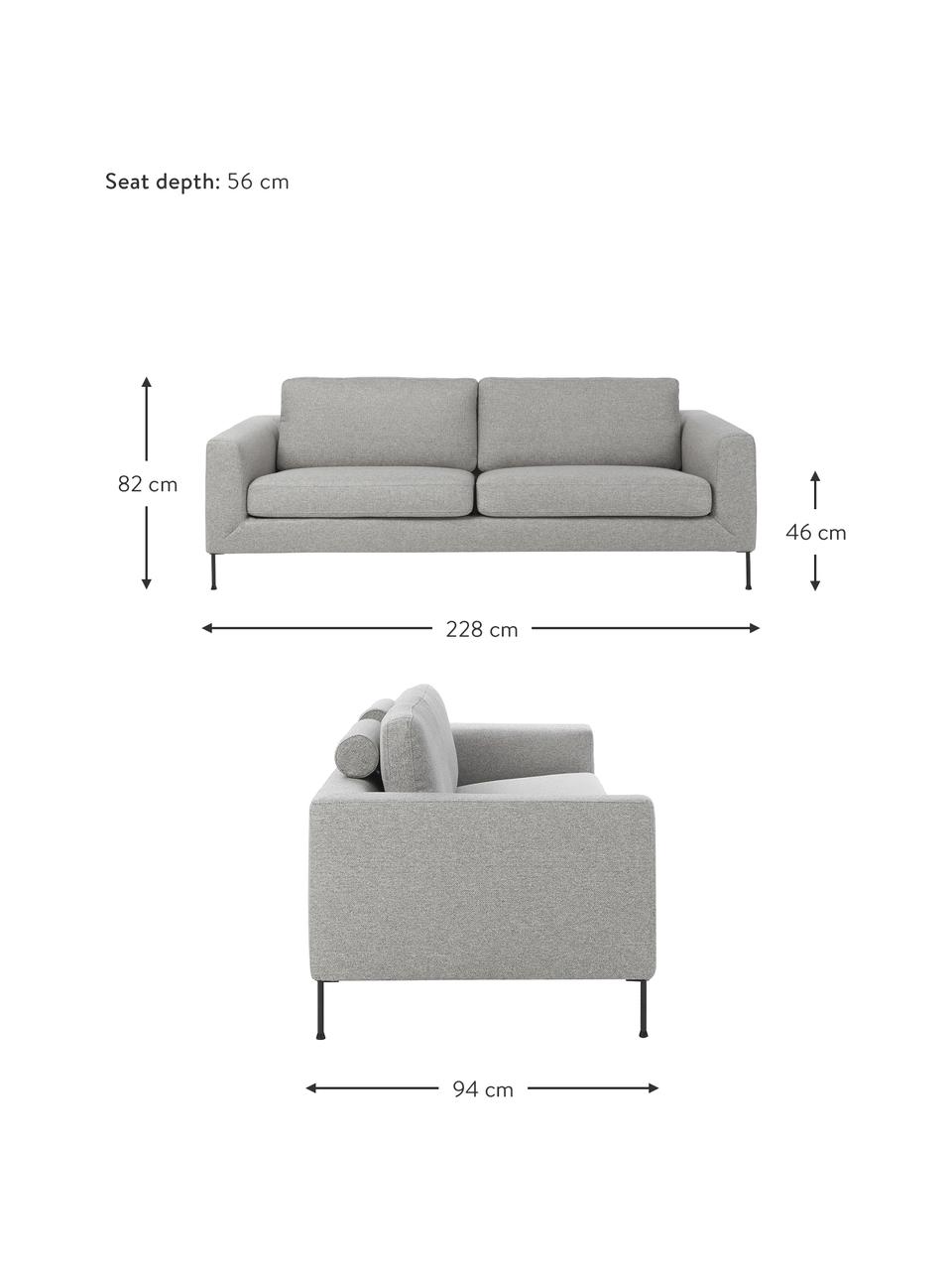 Sofa Cucita (3-Sitzer) in Hellgrau mit Metall-Füßen, Bezug: Webstoff (100% Polyester), Gestell: Massives Kiefernholz, FSC, Füße: Metall, lackiert, Webstoff Hellgrau, B 228 x T 94 cm