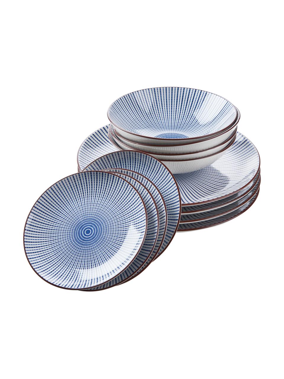 Geschirr-Set Dim Sum mit feinem Muster in Blau/Weiß, 4 Personen (12-tlg.), Keramik, Blau, Weiß, Braun, Sondergrößen
