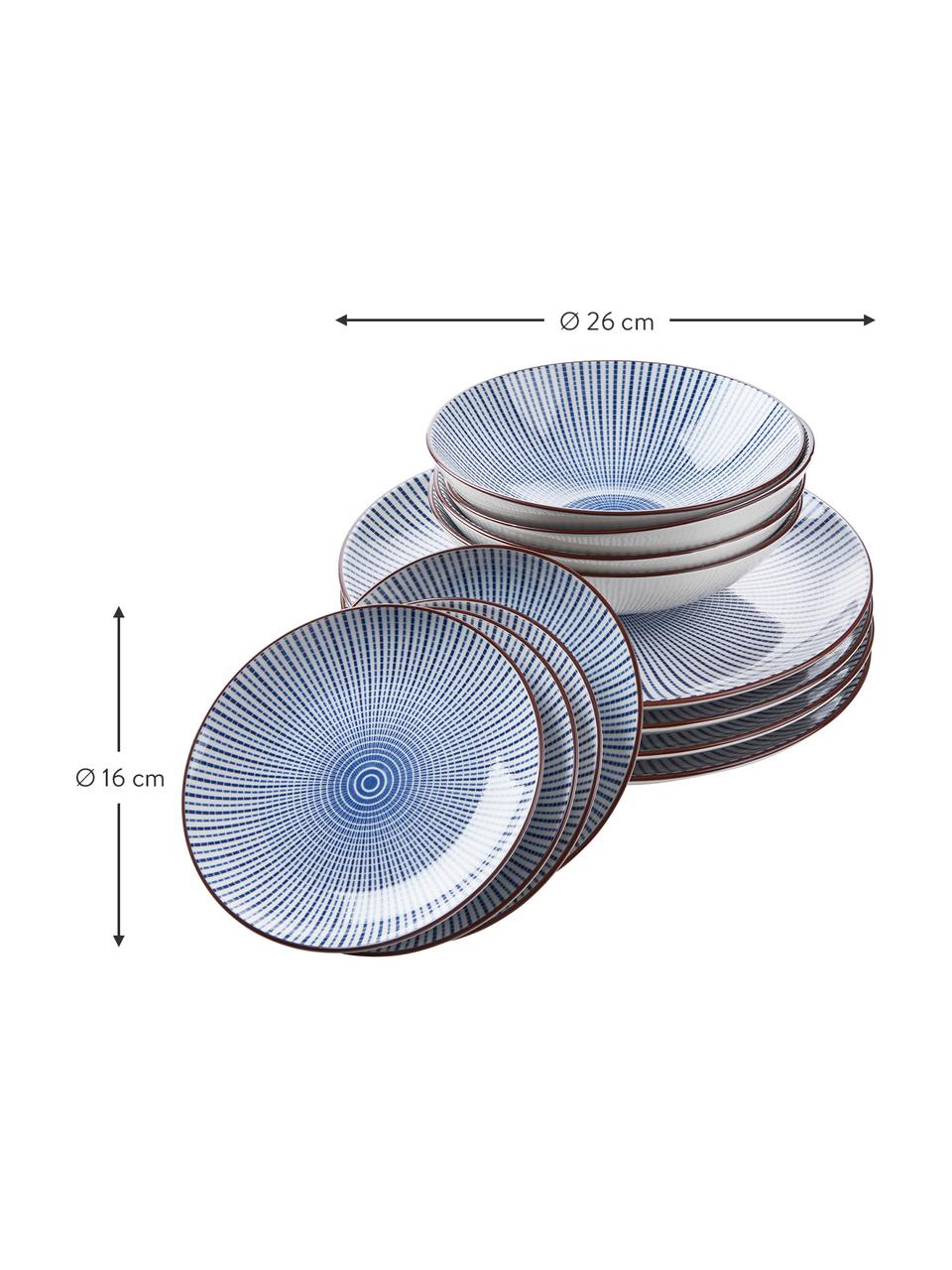 Geschirr-Set Dim Sum mit feinem Muster in Blau/Weiß, 4 Personen (12-tlg.), Keramik, Blau, Weiß, Braun, Sondergrößen