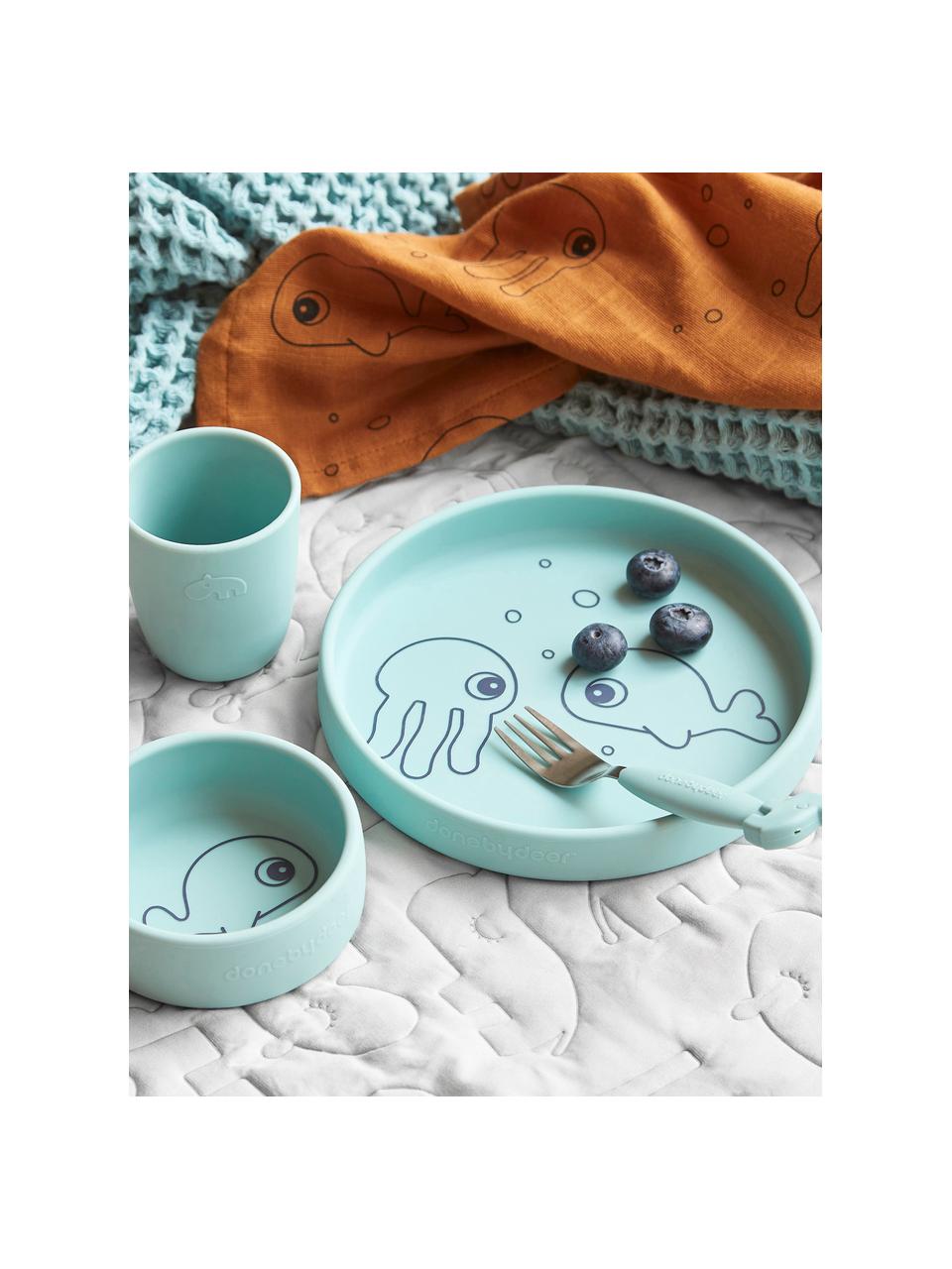 Service de table enfant Sea Friends, 3 élém., Silicone, sans danger pour les aliments. Le silicone est doux, durable, résistant à la chaleur et convient à une utilisation au micro-ondes, au four et au congélateur, Bleu, Lot de différentes tailles