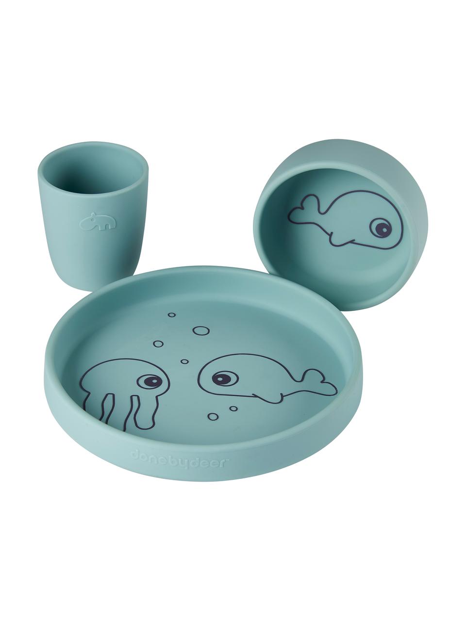 Service de table enfant Sea Friends, 3 élém., Silicone, sans danger pour les aliments. Le silicone est doux, durable, résistant à la chaleur et convient à une utilisation au micro-ondes, au four et au congélateur, Bleu, Lot de différentes tailles