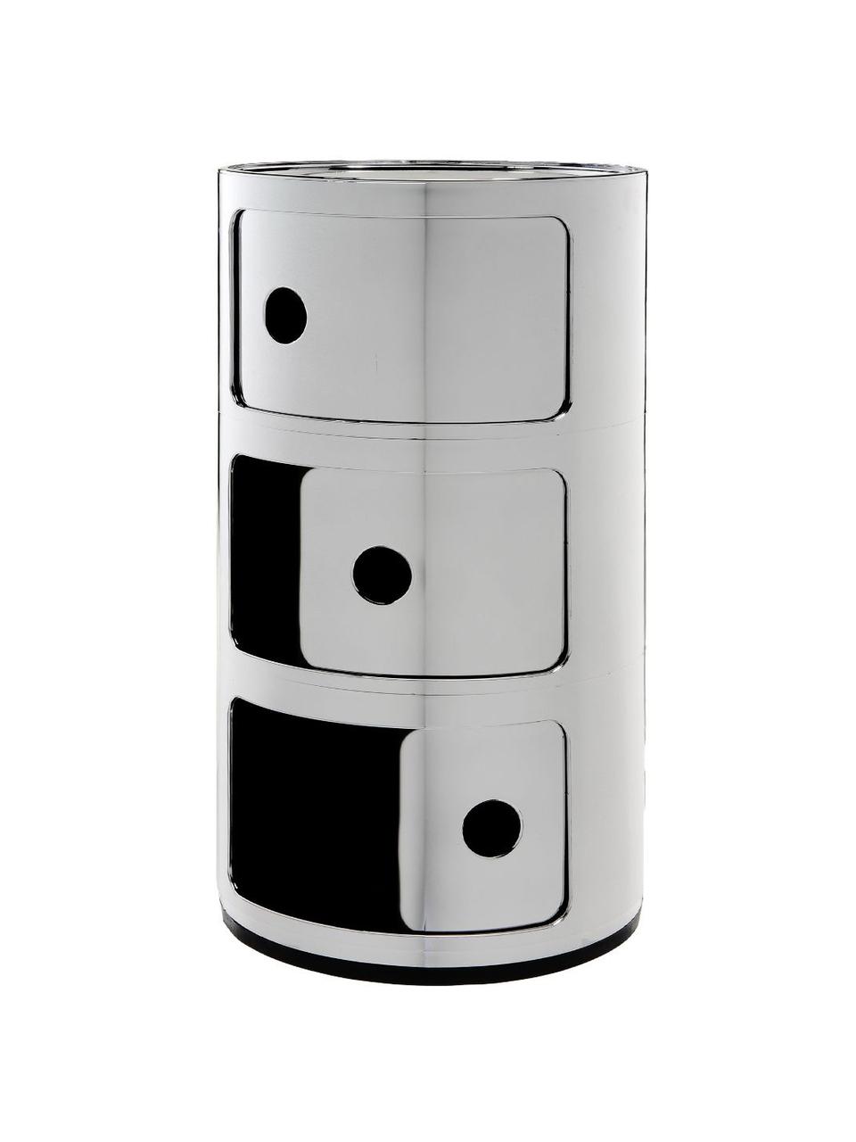 Design Container Componibili, 3 Elemente, Kunststoff (ABS), lackiert, Greenguard-zertifiziert, Chromfarben, glänzend, Ø 32 x H 59 cm