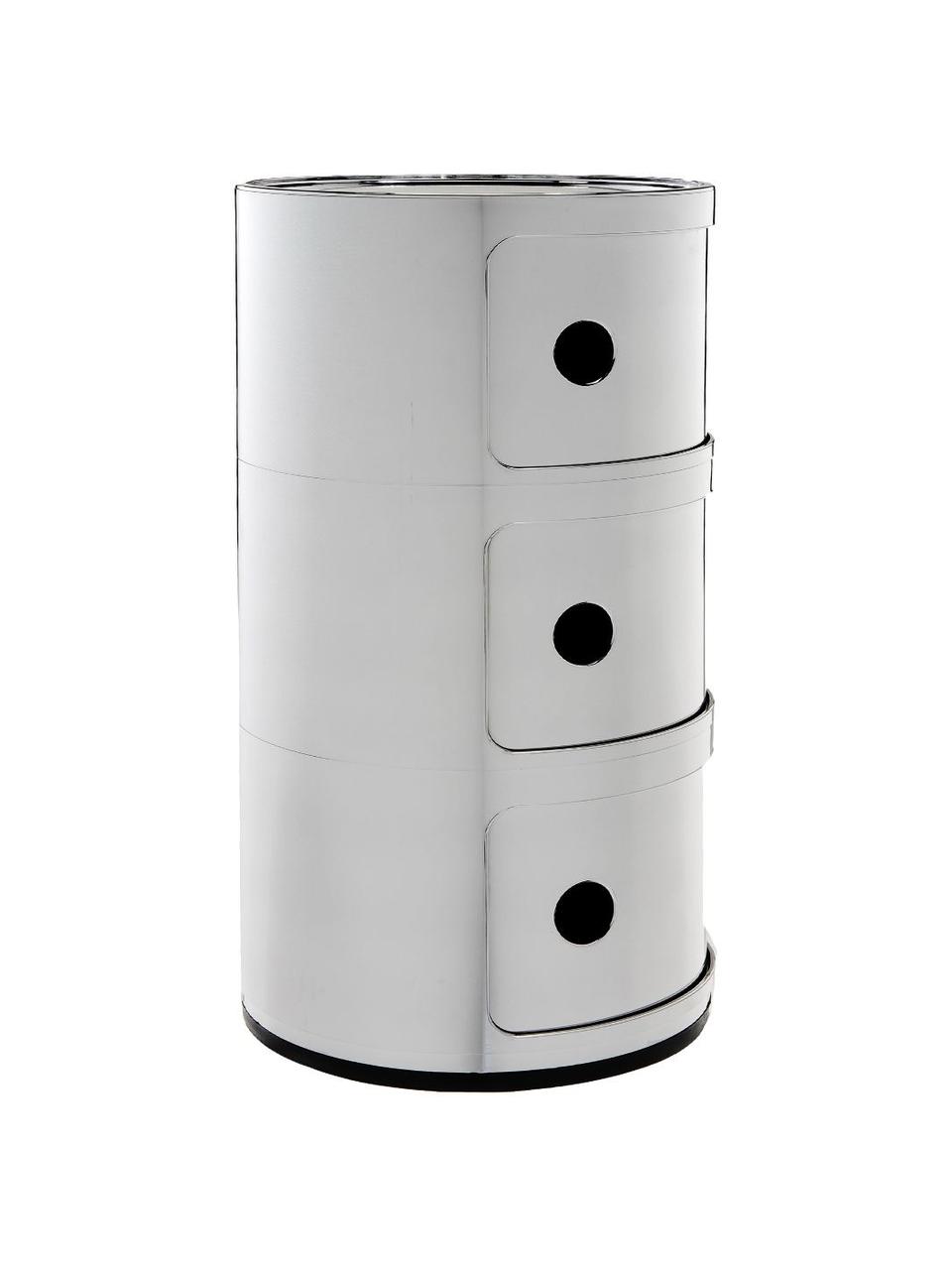 Designový odkládací stolek Componibili, 3 moduly, Umělá hmota, chromovaná, Stříbrná, Ø 32 cm, V 59 cm