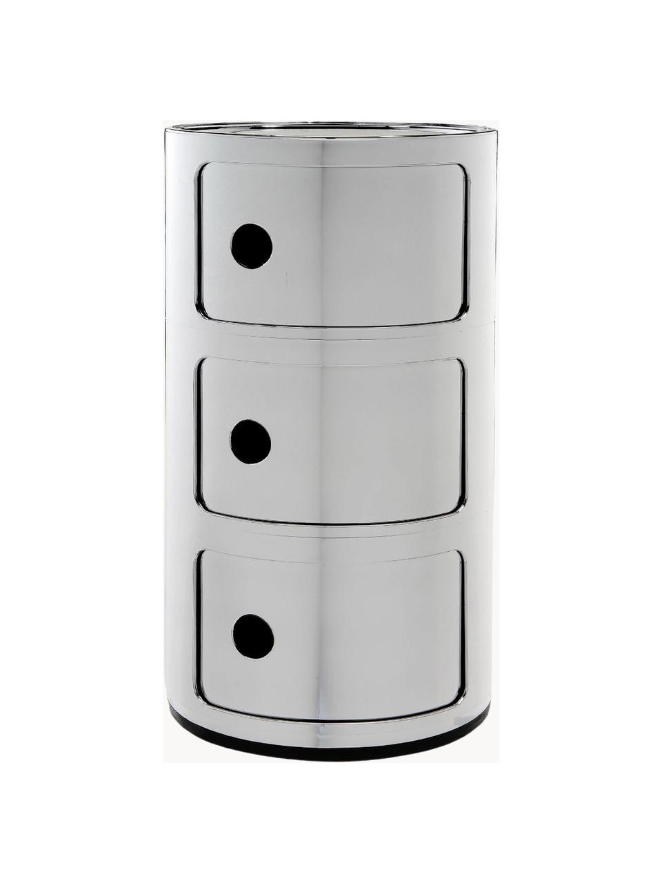 Designový odkládací stolek Componibili, 3 moduly, Umělá hmota, chromovaná, Stříbrná, Ø 32 cm, V 59 cm