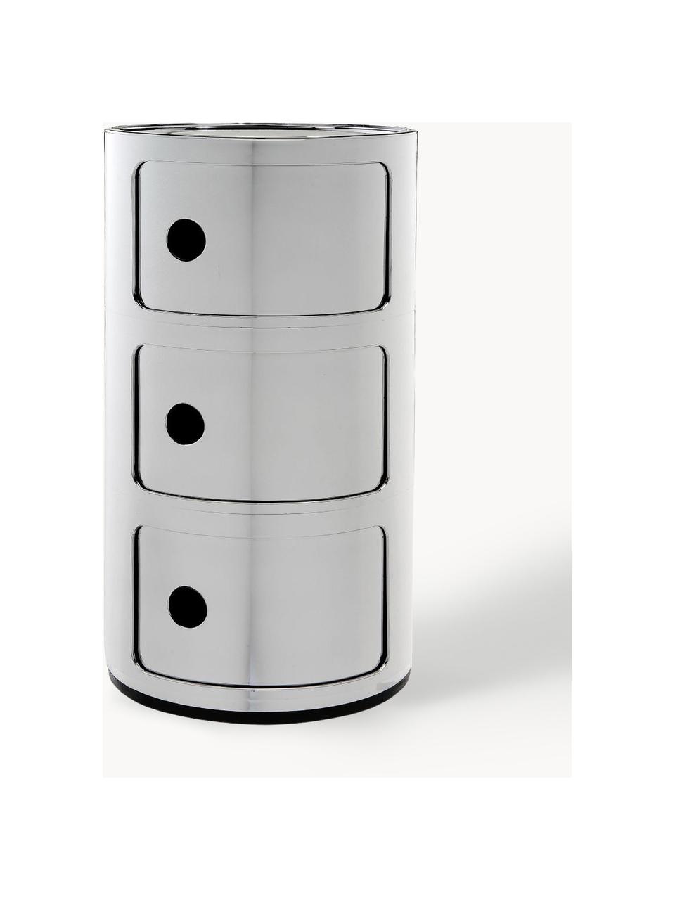 Designový odkládací stolek Componibili, 3 moduly, Umělá hmota, chromovaná, Stříbrná, Ø 32 cm, V 59 cm