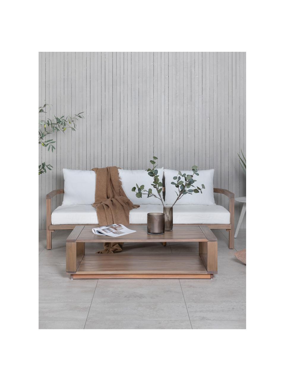 Sofa ogrodowa z drewna akacjowego Erica (3-osobowa), Stelaż: drewno akacjowe olejowane, Kremowobiała tkanina, drewno akacjowe, S 180 x W 60 cm