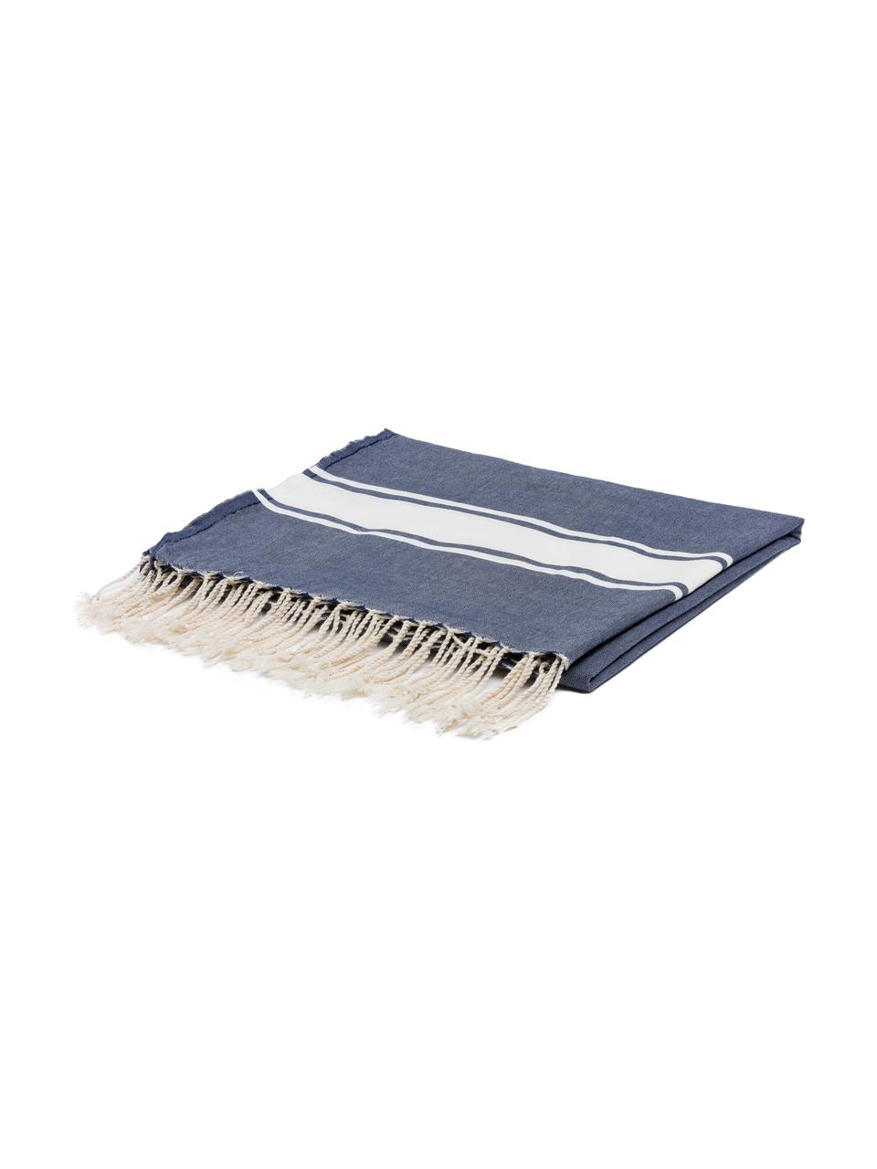 Nappe coton bleu à franges St. Tropez, Coton, Bleu denim, blanc, Pour 6 à 8 personnes (larg. 150 x long. 250 cm)