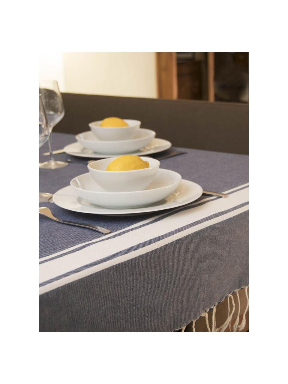 Obrus z bawełny z frędzlami St. Tropez, Bawełna, Jeansowy niebieski, biały, Dla 6-10 osób (S 150 x D 250 cm)