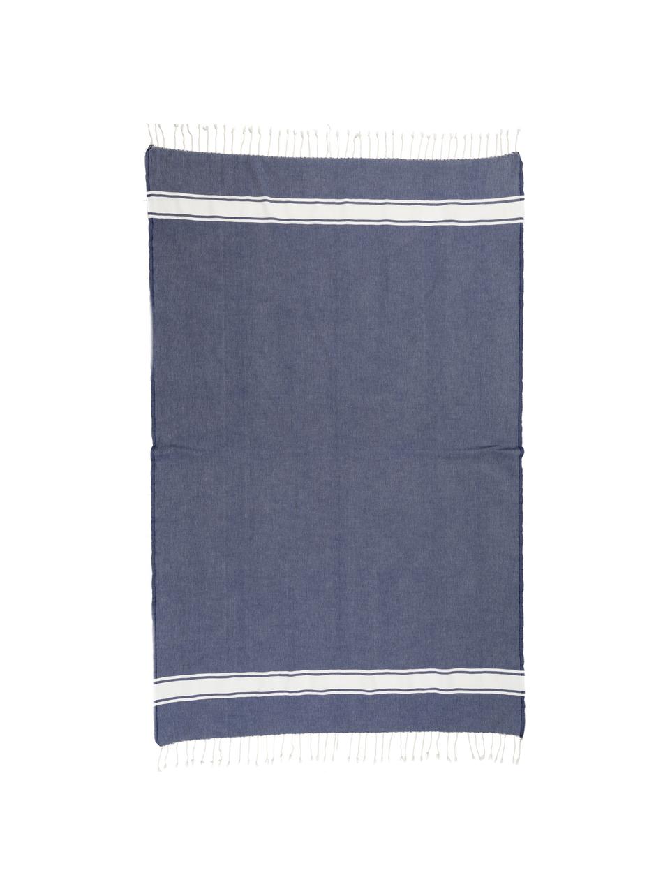 Tovaglia a righe in cotone con frange St. Tropez, Cotone, Blu denim, bianco, Per 6-10 persone  (Larg.150 x Lung. 250 cm)