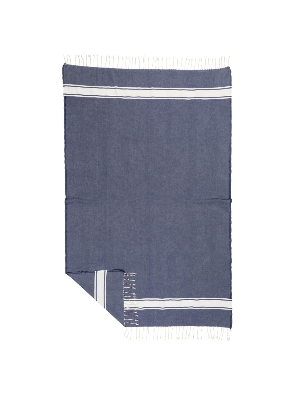 Tovaglia a righe in cotone con frange St. Tropez, Cotone, Blu denim, bianco, Per 6-10 persone  (Larg.150 x Lung. 250 cm)