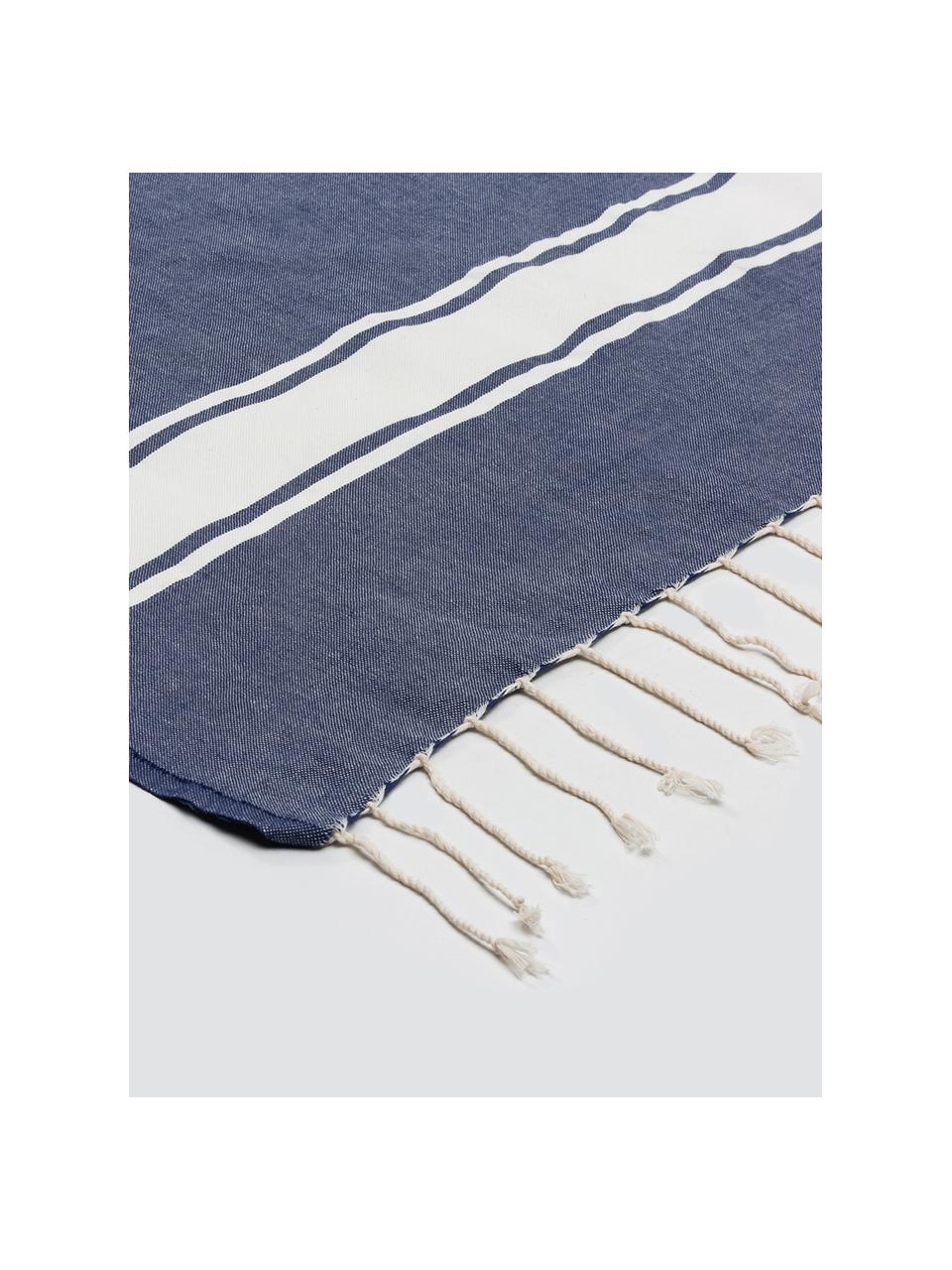 Tovaglia a righe in cotone con frange St. Tropez, Cotone, Blu denim, bianco, Per 6-10 persone  (Larg.150 x Lung. 250 cm)