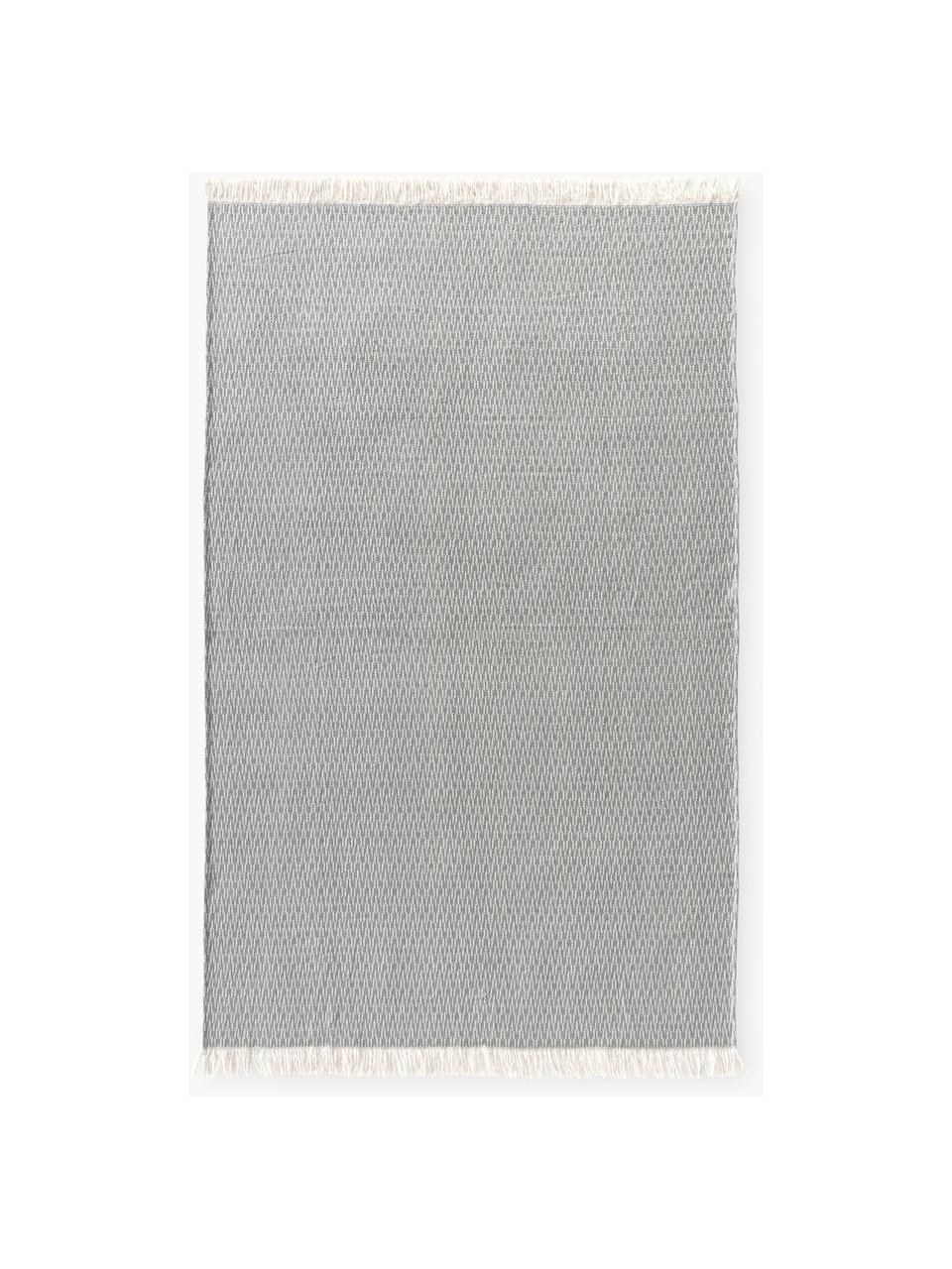 Coperta con motivo a spina di pesce e frange Alistair, 80% cotone, 20% poliacrilico, Grigio scuro, bianco, Larg. 130 x Lung. 170 cm