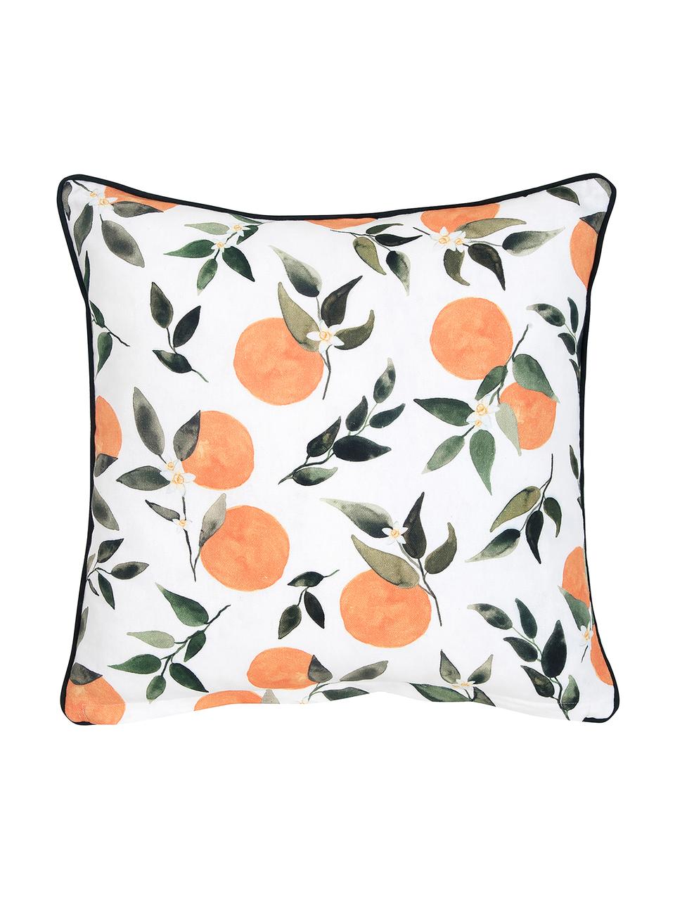 Housse de coussin en coton Larangina, Blanc, vert, orange Bordure passepoilée : gris foncé