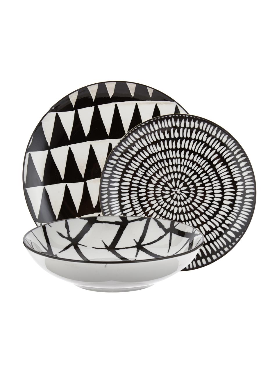 Service de table porcelaine imprimé noir Mokala, 6 personnes (18 élém.), Noir, blanc