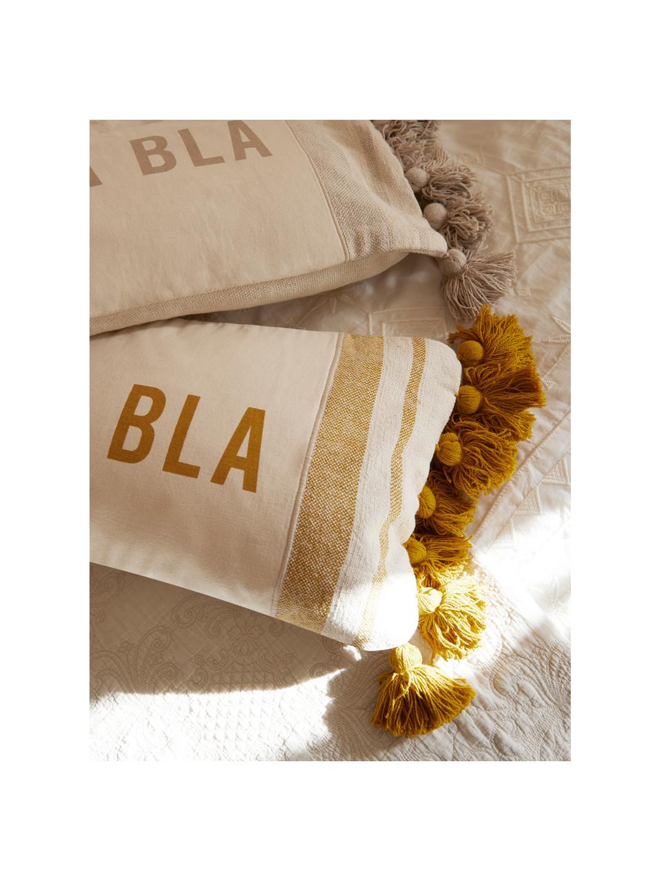 Funda de cojín de algodón reciclado con borlas Bla Bla, 100% algodón con certificado GRS, Blanco crema, amarillo, An 30 x L 60 cm