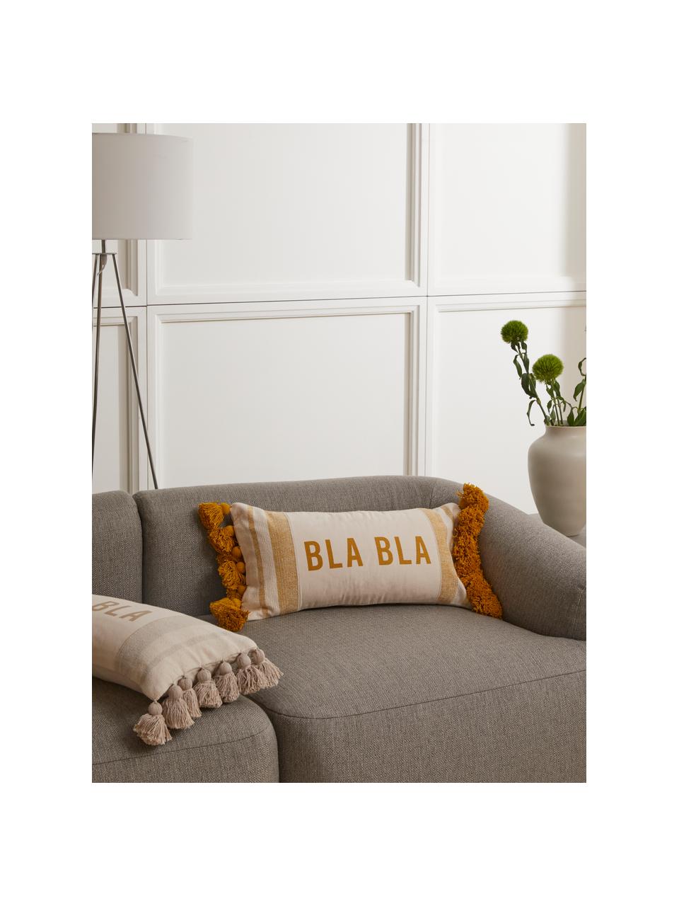 Housse de coussin rectangulaire Bla Bla, 100 % coton, certifié GRS, Blanc crème, jaune, larg. 30 x long. 60 cm