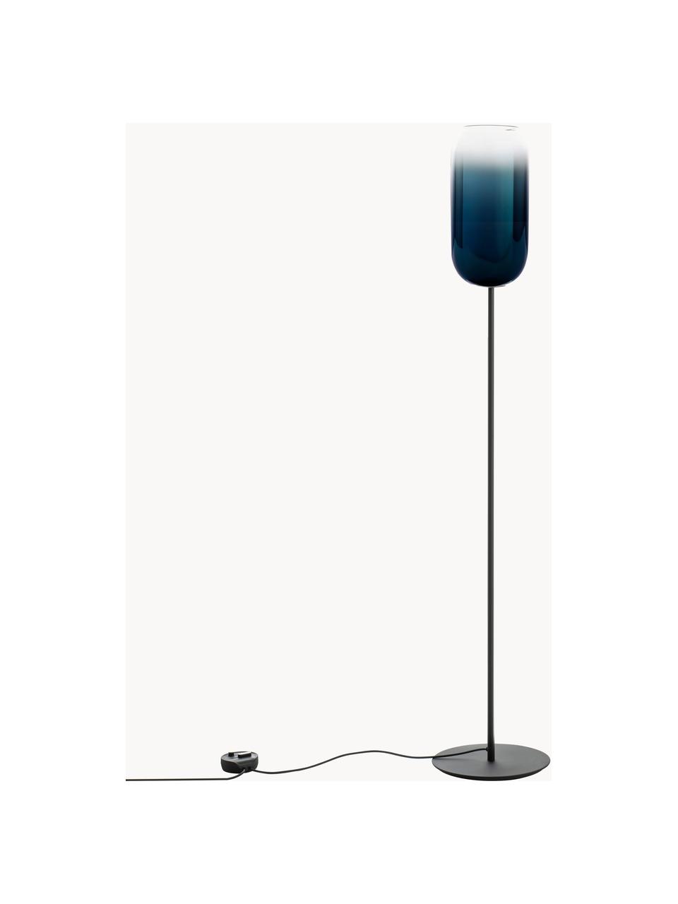 Mondgeblazen vloerlamp Gople, Lampenkap: mondgeblazen glas, Donkerblauw, zwart, H 170 cm