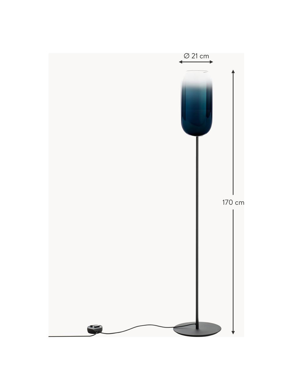 Ručně foukaná stojací lampa Gople, Tmavě modrá, černá, V 170 cm