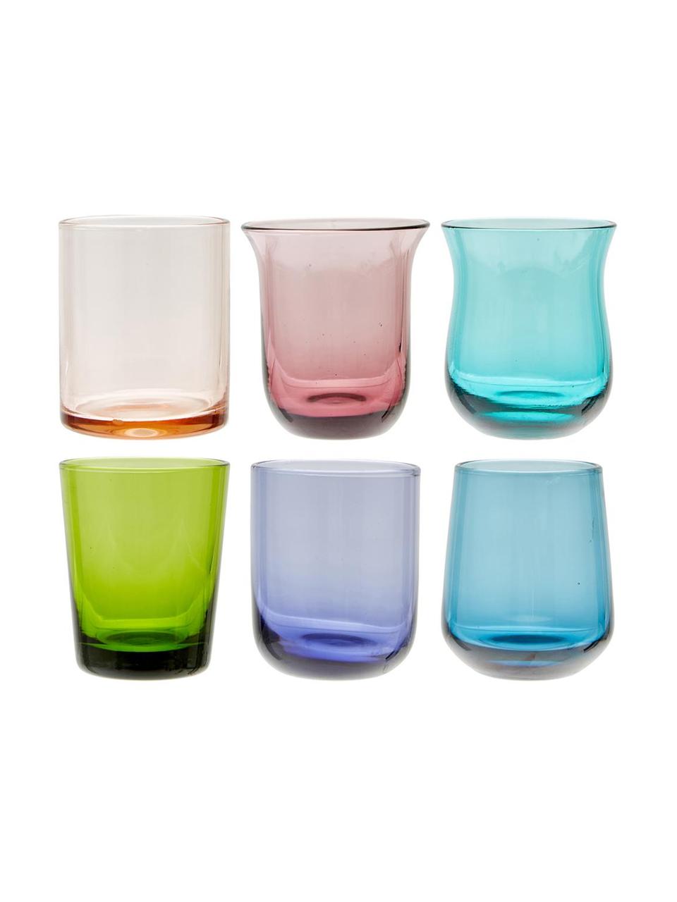 Ručne fúkaný pohár v rôznych farbách a tvaroch Diseguale, 6 ks, Fúkané sklo, Viac farieb, Ø 6 x V 6 cm, 90 ml